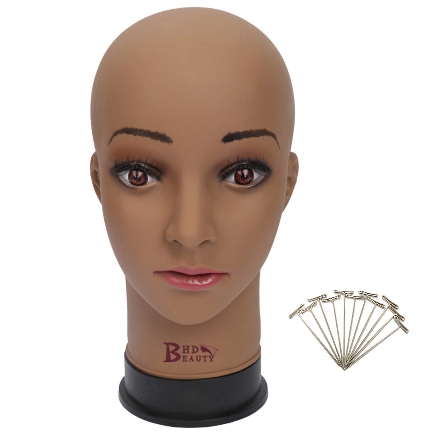 BHD BEAUTY Bald Mannequin Head Brown Female Professional Cosmetology for Wig Making, Display wigs, eyeglasses, hairs with T pins 22''