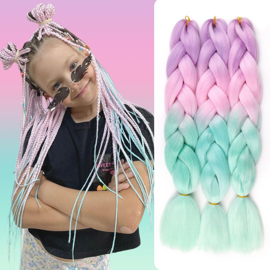 Ombre Light Purple to Pink to Mint Green Pink Braiding Hair Extensions Ombre Braiding Hair 3 Packs 24 inch Synthetic Hair for Braiding