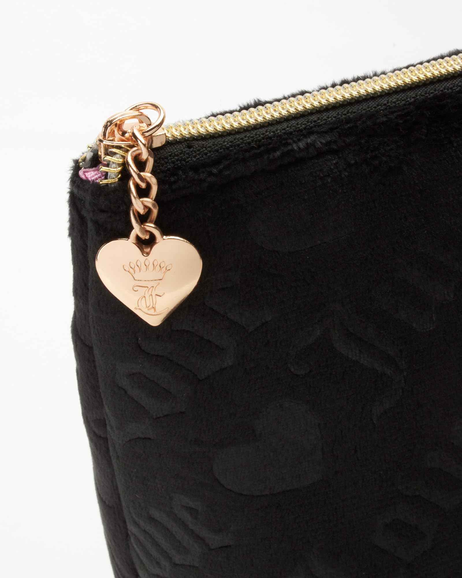Juicy Couture Black Makeup Bag Cosmetics Organizer Travel Essentials Zip Top Wedge Velour Heart Love
