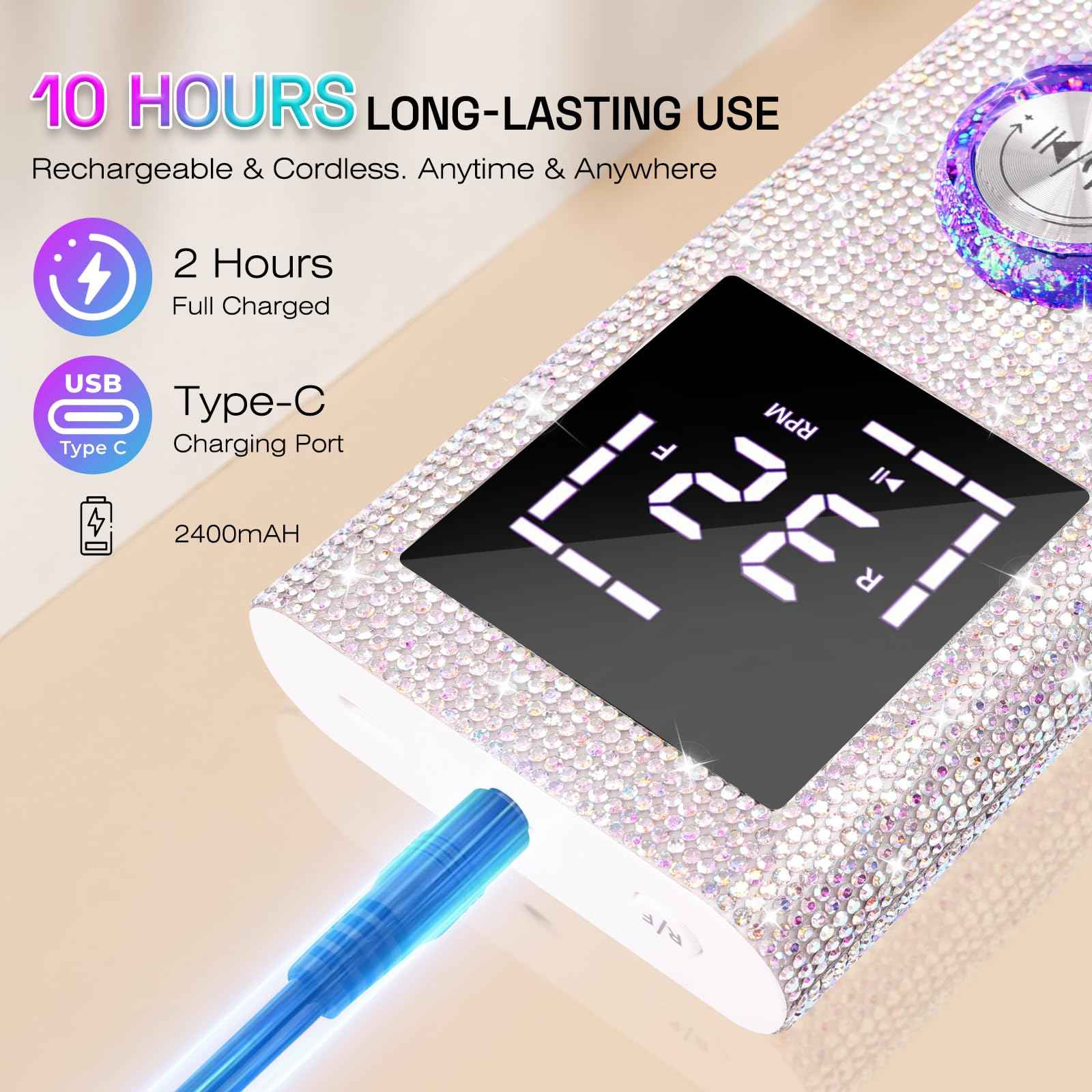 Electric Nail Drill File Machine: Professional 45000RPM Cordless Nail Tool with Stepless Speed Knob for Acrylic Gel Dip Powder Nails, Portable Manicure Pedicure Kit for Home Salon Use