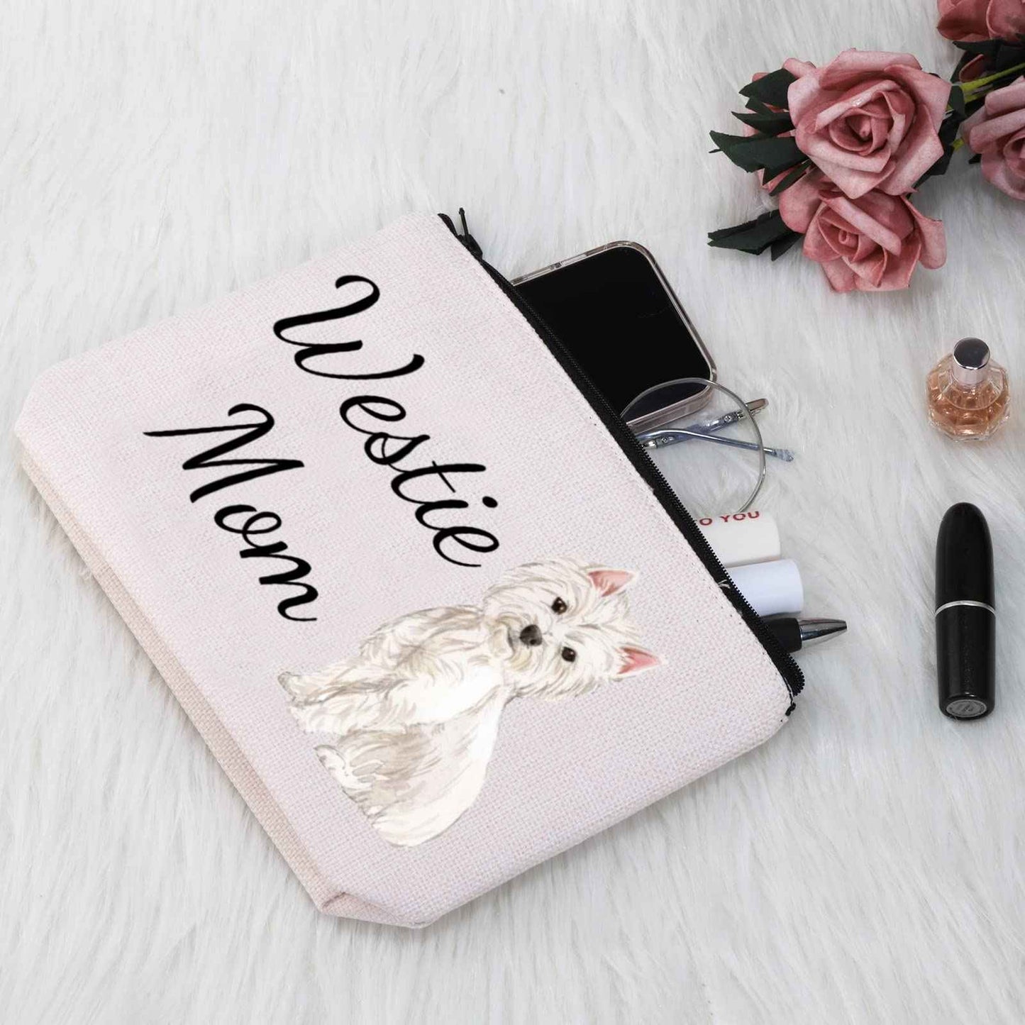 G2TUP Westie Lover Gift Westie Mom Makeup Bag West Highland Terrier Dog Owner Cosmetic Bag Dog Mom Pet Lover Gift Zipper Travel Bag (Westie Mom White Bag)