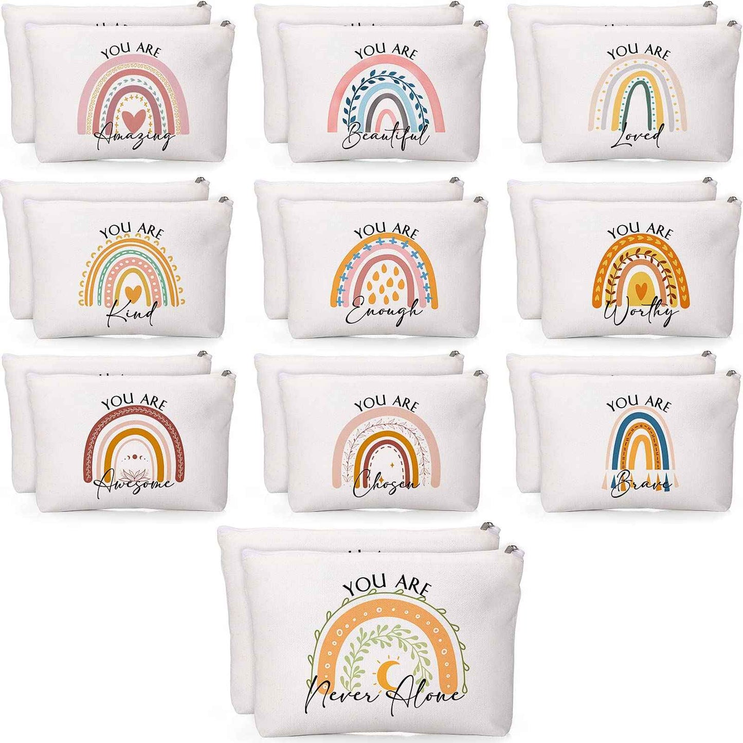 Coume 40 Pcs Rainbow Canvas Makeup Bags Bulk Christmas Inspirational Quotes Cosmetic Bag Pouches with Zipper Employees Appreciation Gifts for Women Coworker Staff Teacher Nurses