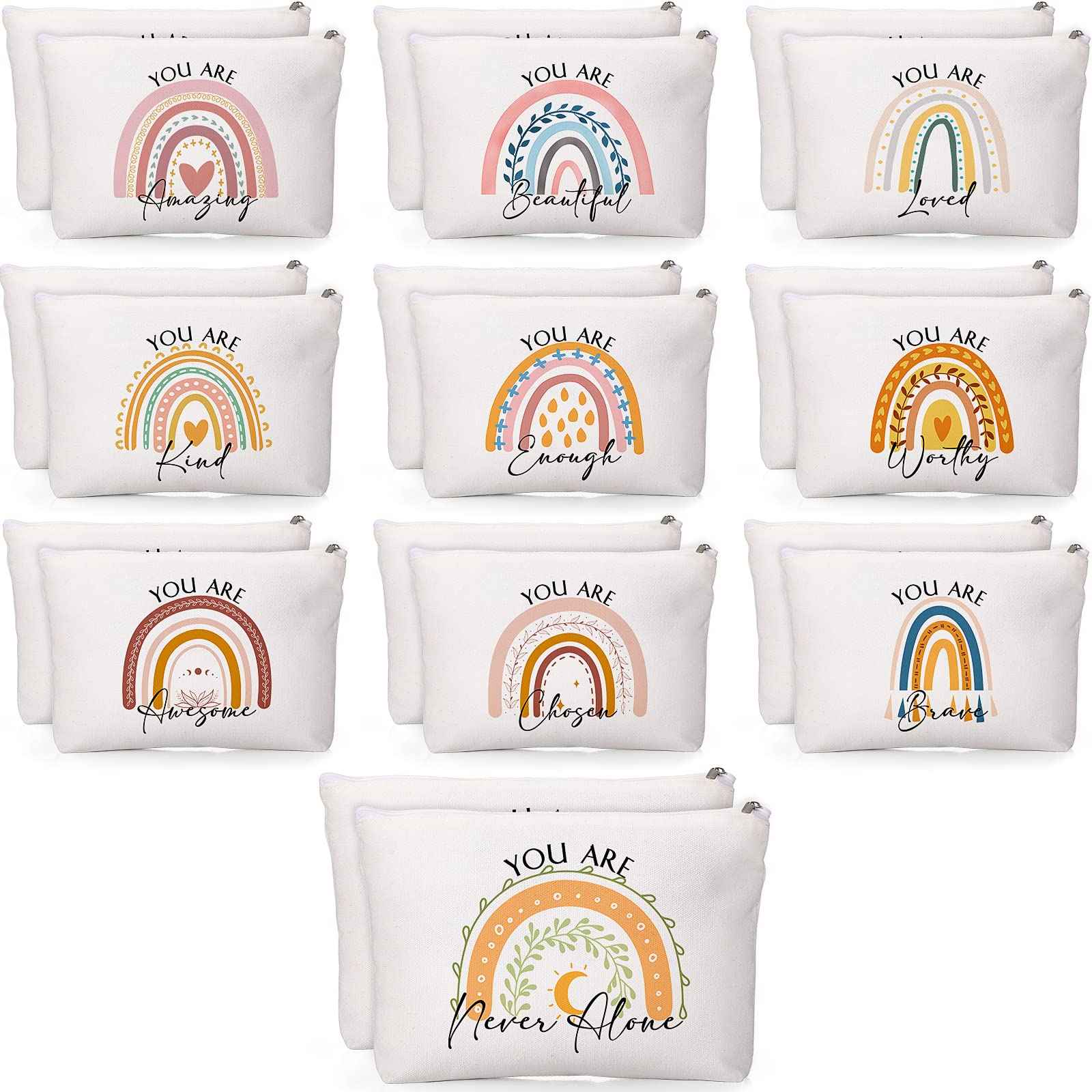 Coume 40 Pcs Rainbow Canvas Makeup Bags Bulk Christmas Inspirational Quotes Cosmetic Bag Pouches with Zipper Employees Appreciation Gifts for Women Coworker Staff Teacher Nurses