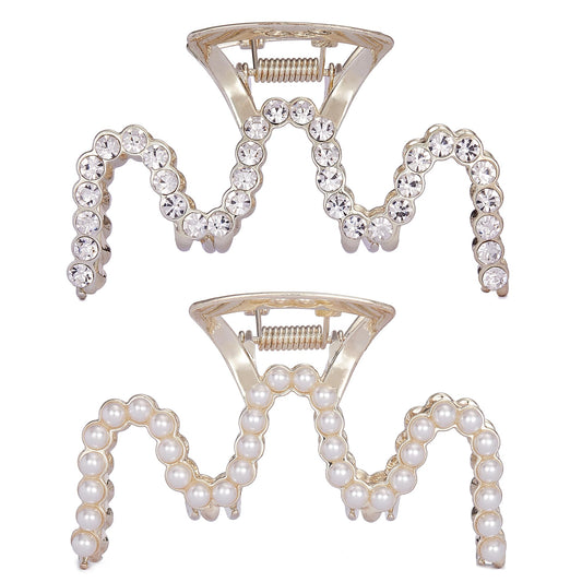 Rhinestone Hair Clips, Textention 3.4 Inch Pearl Claw Clips for Thick Hair, Crystal Metal Hair Jaw Clamps Fashion Hair Accessories for Women Bride Bridesmaid (2 Pack)