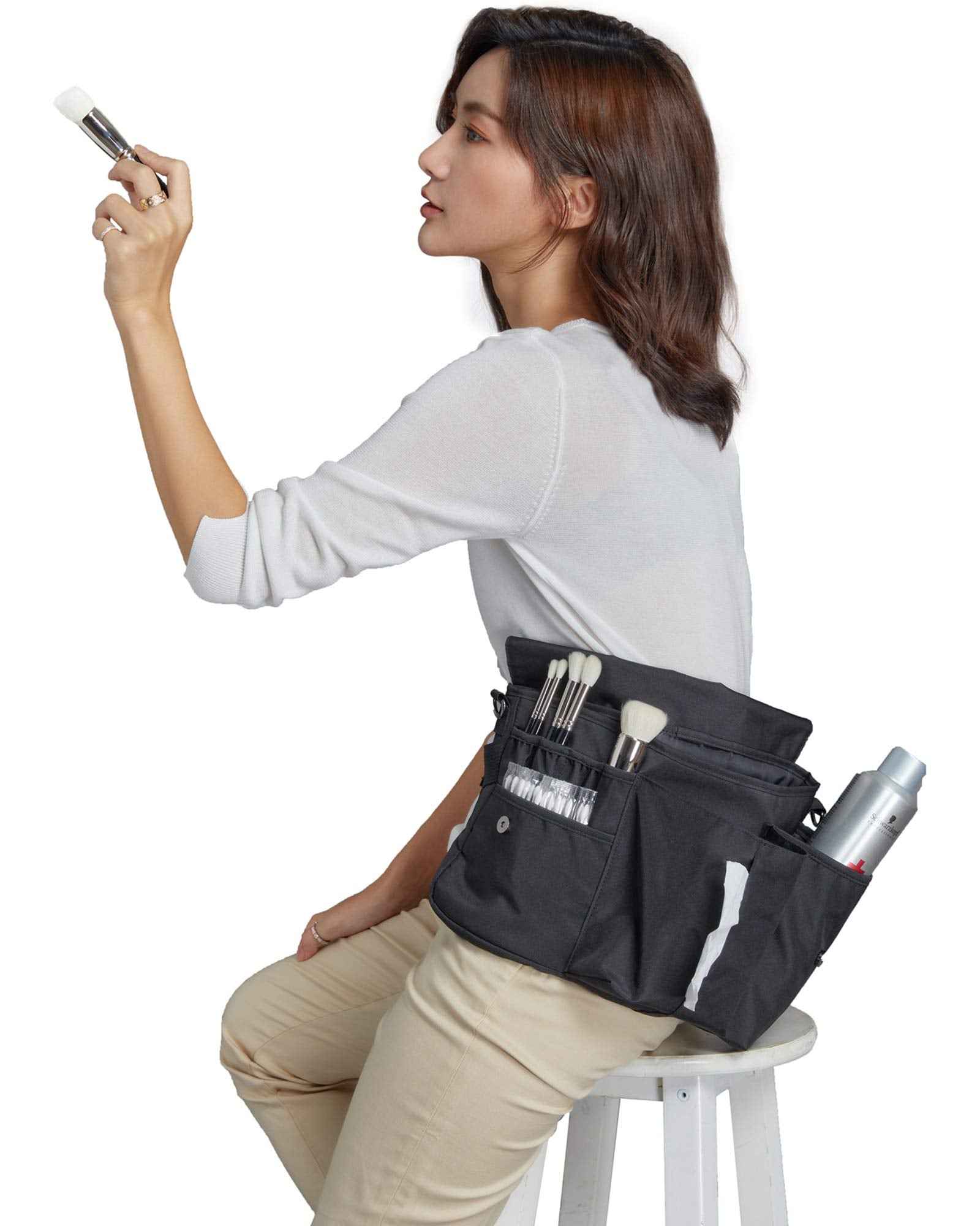 Rownyeon Professional Cosmetic Makeup Brush Bag Case Portable Cosmetic Brush Holder Organizer with Artist Adjustable Belt Strap(Brushes Not Included)