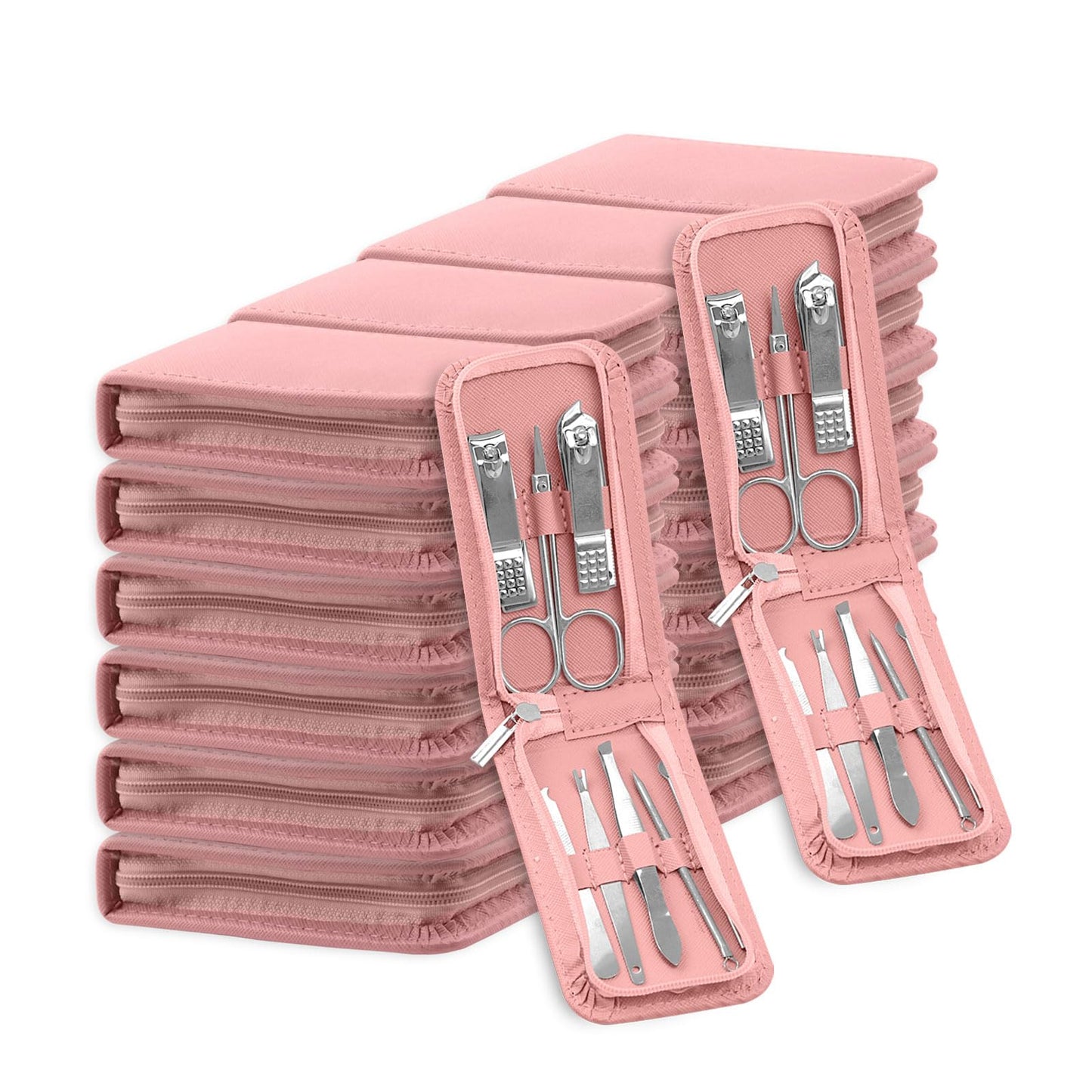 Manicure Set Bulk, Nail Clippers Kit Stainless Steel Fingernail Clippers Set, Sturdy Nail Tip Cutter Trimmers Professional Grooming Toenail Clippers Personal Pedicure Kits 8 in 1 (Pink 24 Pack)