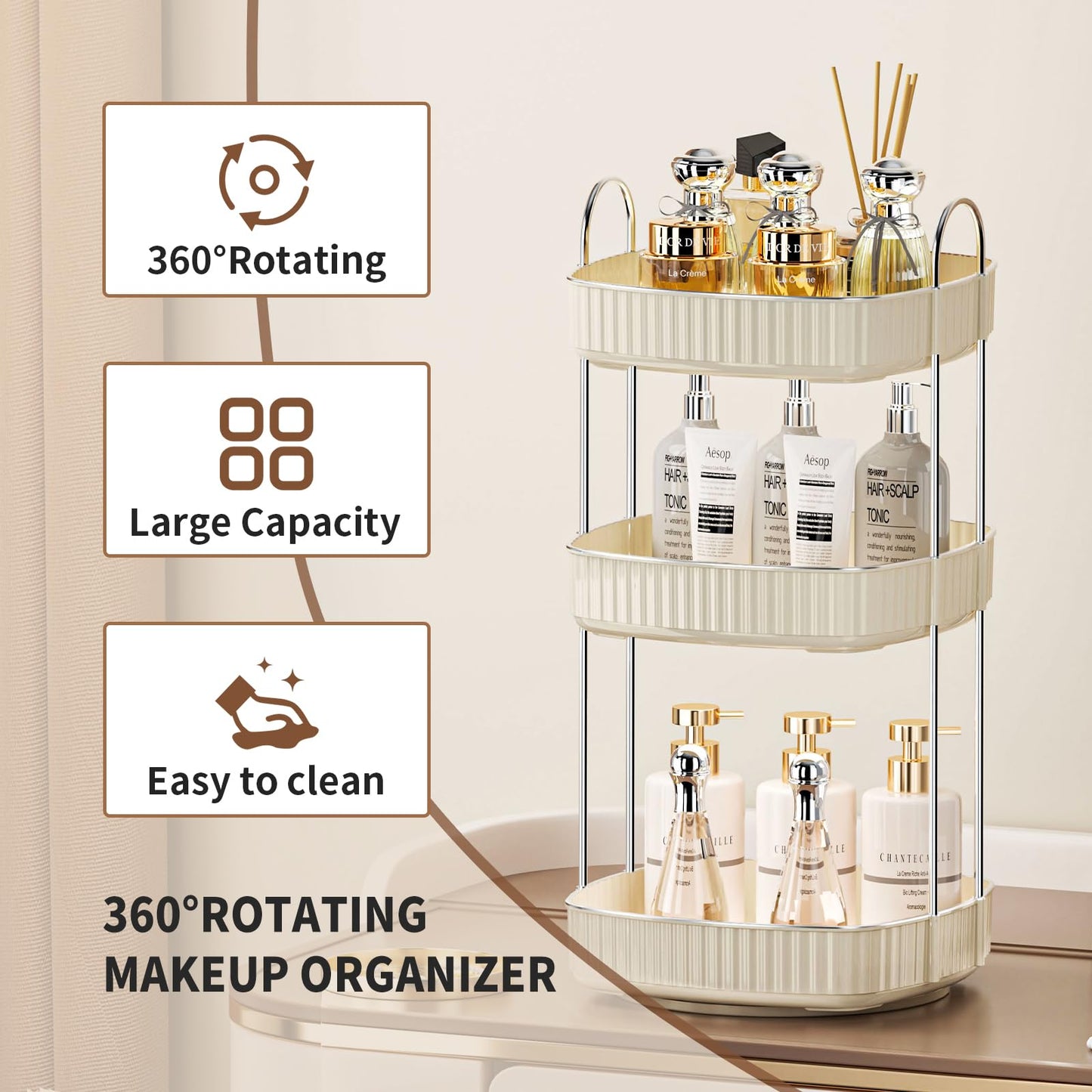 YCIA&DONE 360 Rotating Makeup Organizer for Vanity, 3 Tiers New Square Shaped Cosmetics Skincare Bathroom Organizers Countertop, Perfume Stand Counter Tray, Warm White