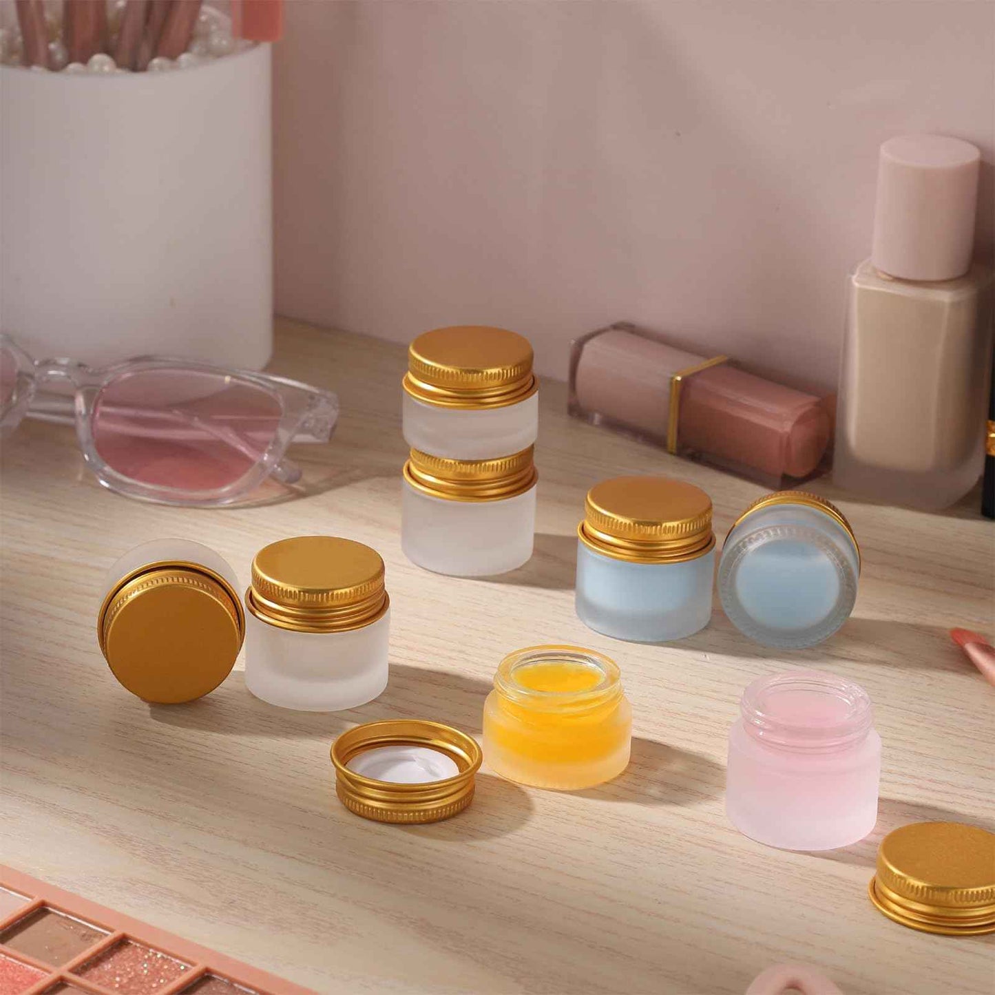 RAMFIYN 24 pack 10ml Frosted Glass Jars with Gold Lids Small Empty Travel Lotion Containers with Inner Liner Airtight Cosmetic Holder with Labels for Lip Balm Creams Body Butter
