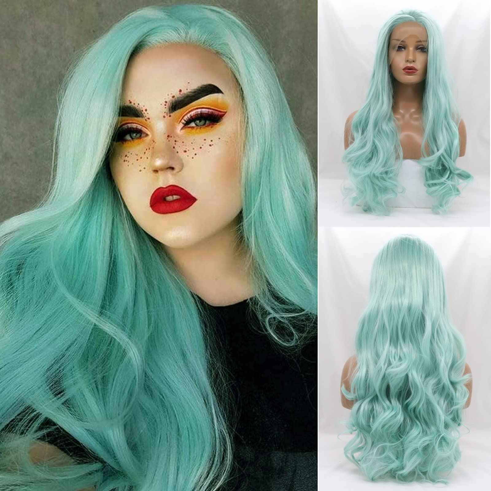 karissa Hair Green Wig Long Wavy Mint Lace Front Wigs Pastel Light Blue Synthetic Realistic Pre Plucked Hairline Glueless Heat Resistant Fiber Replacement Halloween Costume Cosplay Party 24 Inches