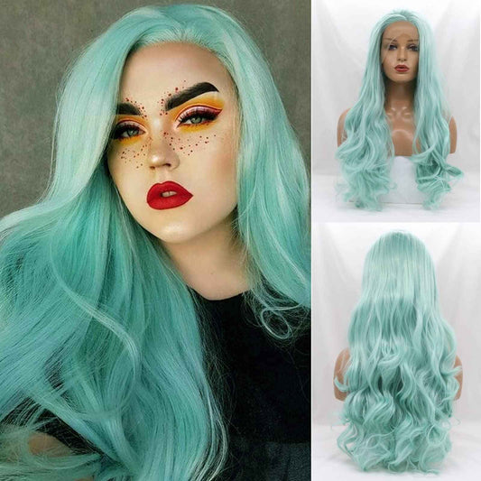 karissa Hair Green Wig Long Wavy Mint Lace Front Wigs Pastel Light Blue Synthetic Realistic Pre Plucked Hairline Glueless Heat Resistant Fiber Replacement Halloween Costume Cosplay Party 24 Inches