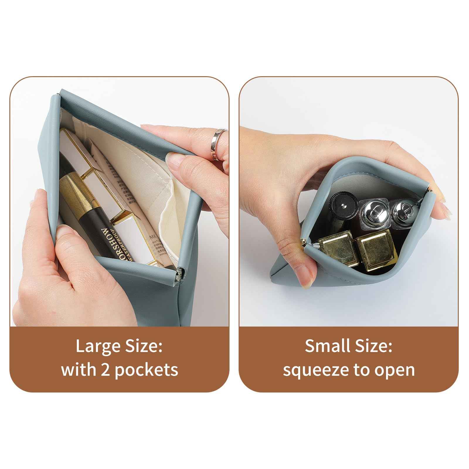 NICLNGSH 2 PCS Small Cosmetic Bag for Purse, Organosilicon Super Fiber Leather Mini Makeup Bag Coin Purse for Women, Snap Closure Travel Makeup Pouch for Lipstick Jewelry Key Change (Blue)