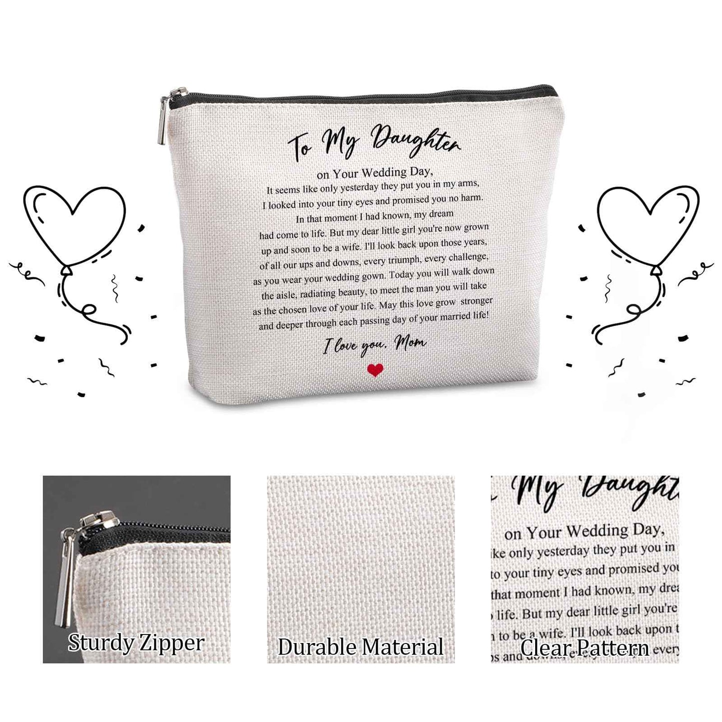 Pwrlveiut Wedding Gift for Bride from Mom Bridal Shower Gift Travel Makeup Bag Bridal Gifts for Bride Keepsake for Daughter from Mother to My Daughter on Your Wedding Day