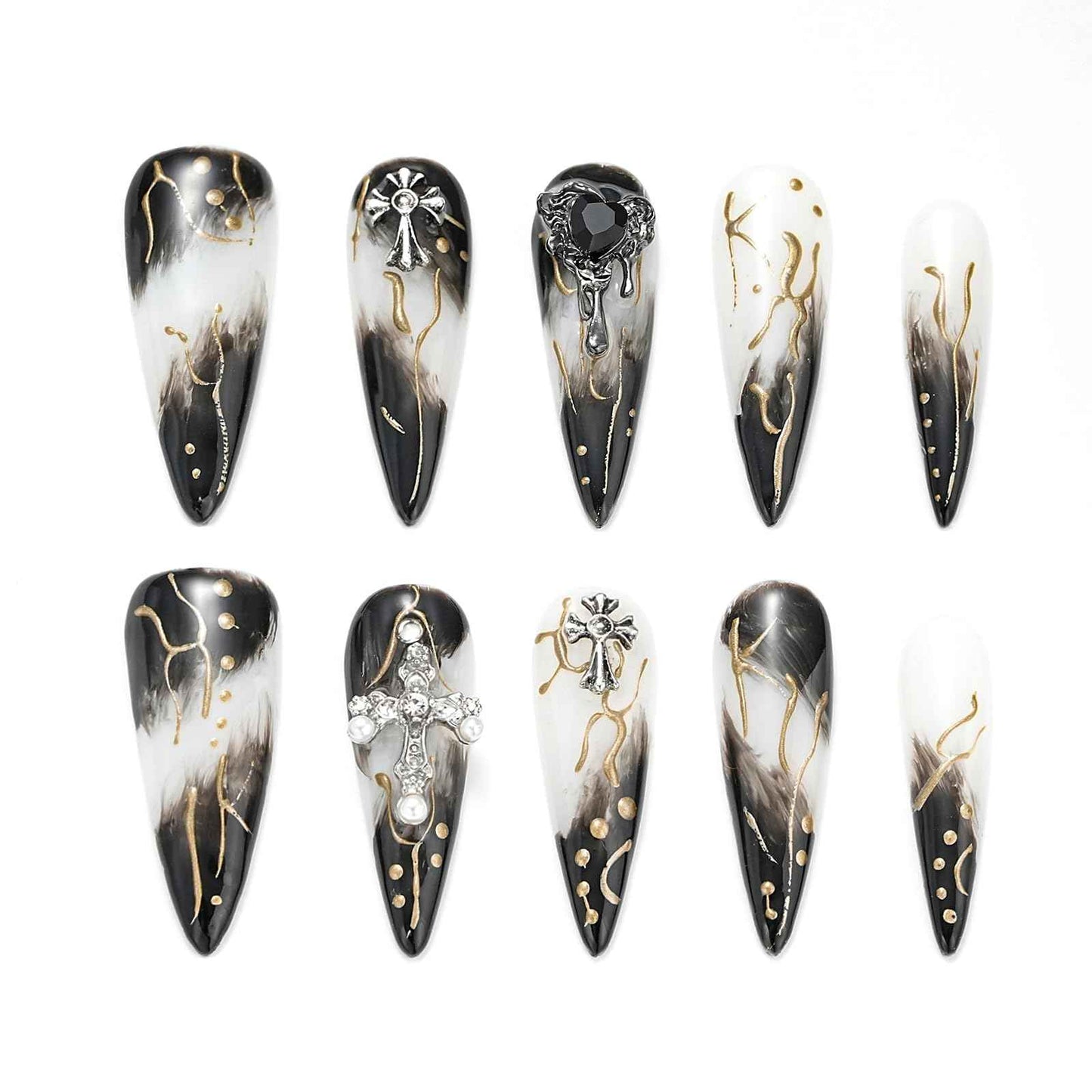 FORBELOVED NAILS,Black And White Swirl Line Handmade Press On Nails,Long Stiletto Glue On Nails,Crosses Decortions Charming False Nails For Women And Girls,10Pcs/Set With Glue,(Black-S),FOB