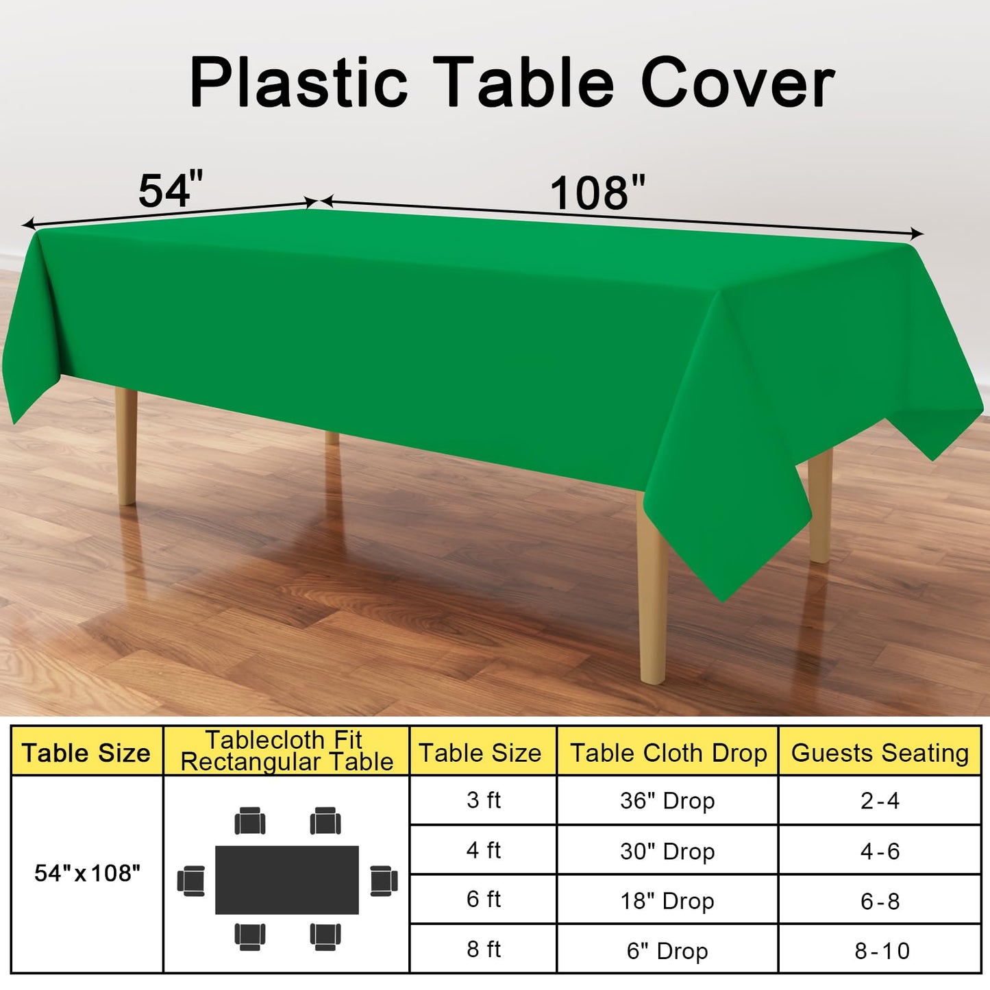 Smiry Disposable Table Cloth - 6 Pack, 54 x 108 Inch Table Cloths for Parties, Decorative Tablecloths for Rectangle Tables, Waterproof Plastic Table Cover, Leakproof & Sturdy, Green