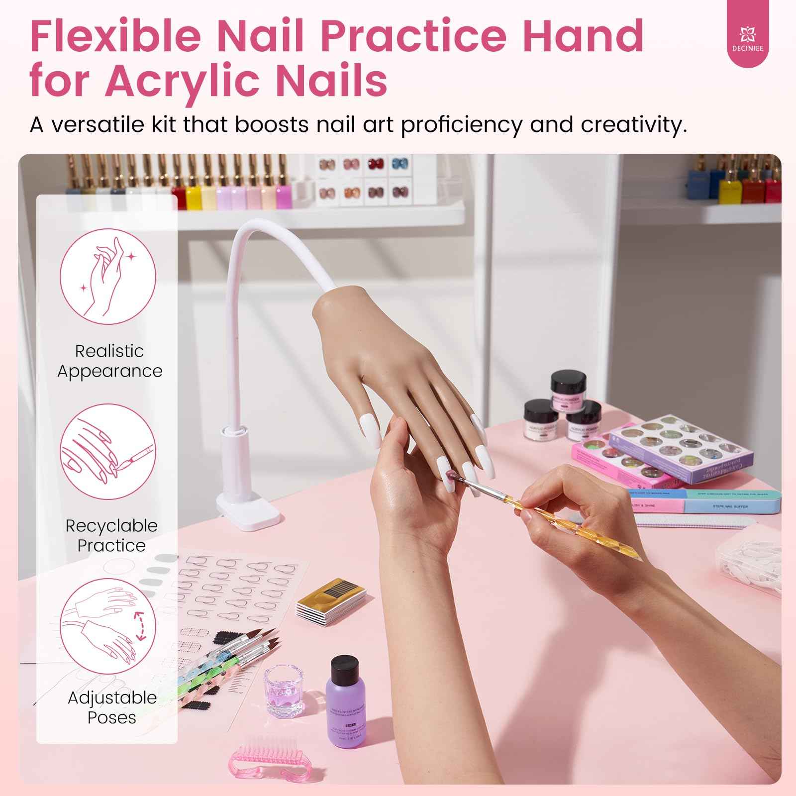 Practice Hand for Acrylic Nails Kit: Silicone Hand for Nail Practice with Nail Kit for Beginners - Bendable Training Fake Hand Manicure Acrylic Powder Set for Salon Home
