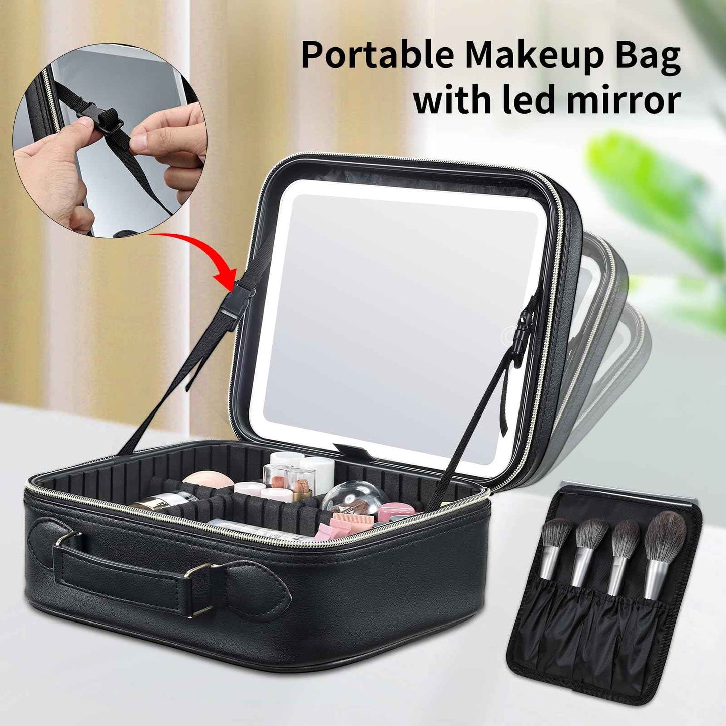 Faquenc Travel Makeup Bag with LED Mirror 3 Color Modes,10.2-in Black Vegan Leather Makeup Organizer Bag with Adjustable EVA Dividers and Independent Brush Panel