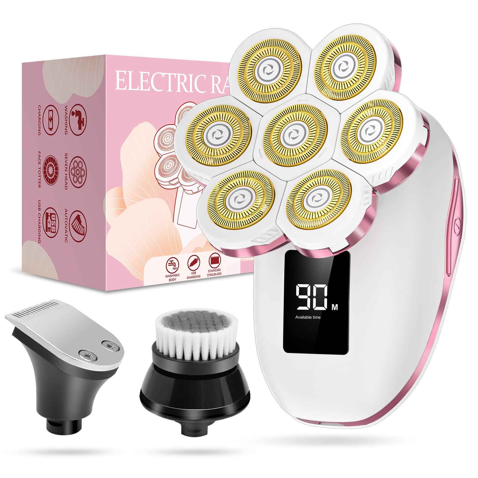 3-in-1 Electric Razors for Women,Bikini Trimmer for Women,7D Painless Electric Shaver with Facial Cleansing Brush,Gifts for Women,Replaceable Hair Remover for Legs Water Resistant Wet/Dry (Pink)