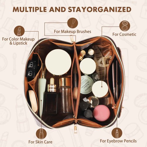 BAYANKALA Leather Travel Makeup Bag, Large Capacity Cosmetic Bag for Women, Waterproof Portable Pouch with Divider, Toiletry Organizer with Handle, 10.5x5x5 Inches, Deep Brown
