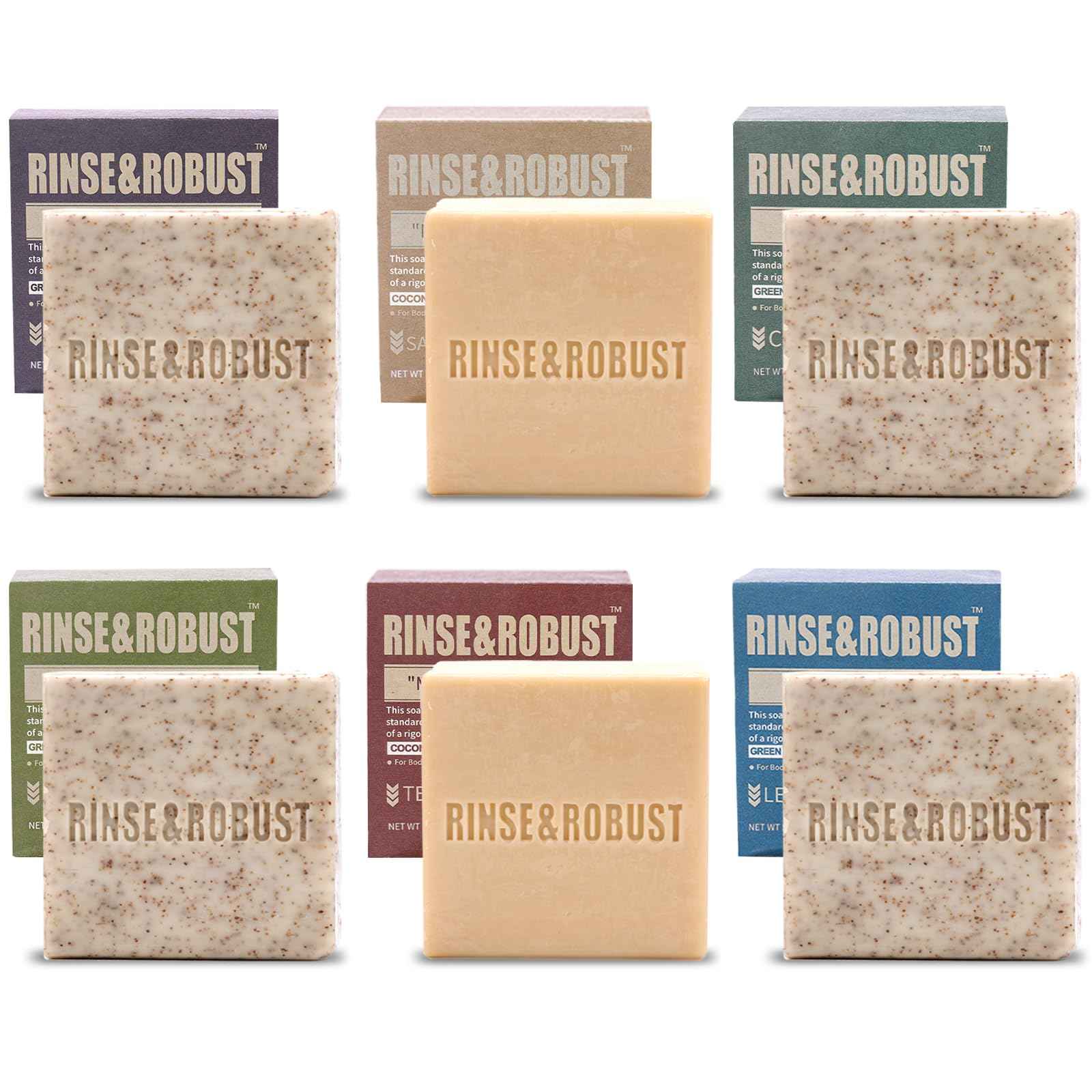 Rinse & Robust Mens Natural Bar Soap 6Pcs Handmade Cleansing Moisturizing&Exfoliating Scrub Soap Set Gifts for Men Body&Hand All Skin Type 6 Different Scents 5.3 oz of 6 Bars