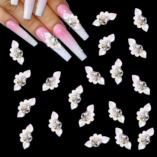 XEAOHESY 20pcs White Flower Nail Charms, 3D Flower Beads for Nails Resin & Acrylic Crystals, Flat Back Nail Art Accessories for Women