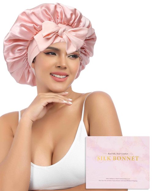 AWAYTR Silk Bonnet for Sleeping Women 100% Mulberry Silk Bonnet with Band 2 Layer Reversible Hair Bonnet Sleeping Hair Wrap (Pink/Beige)
