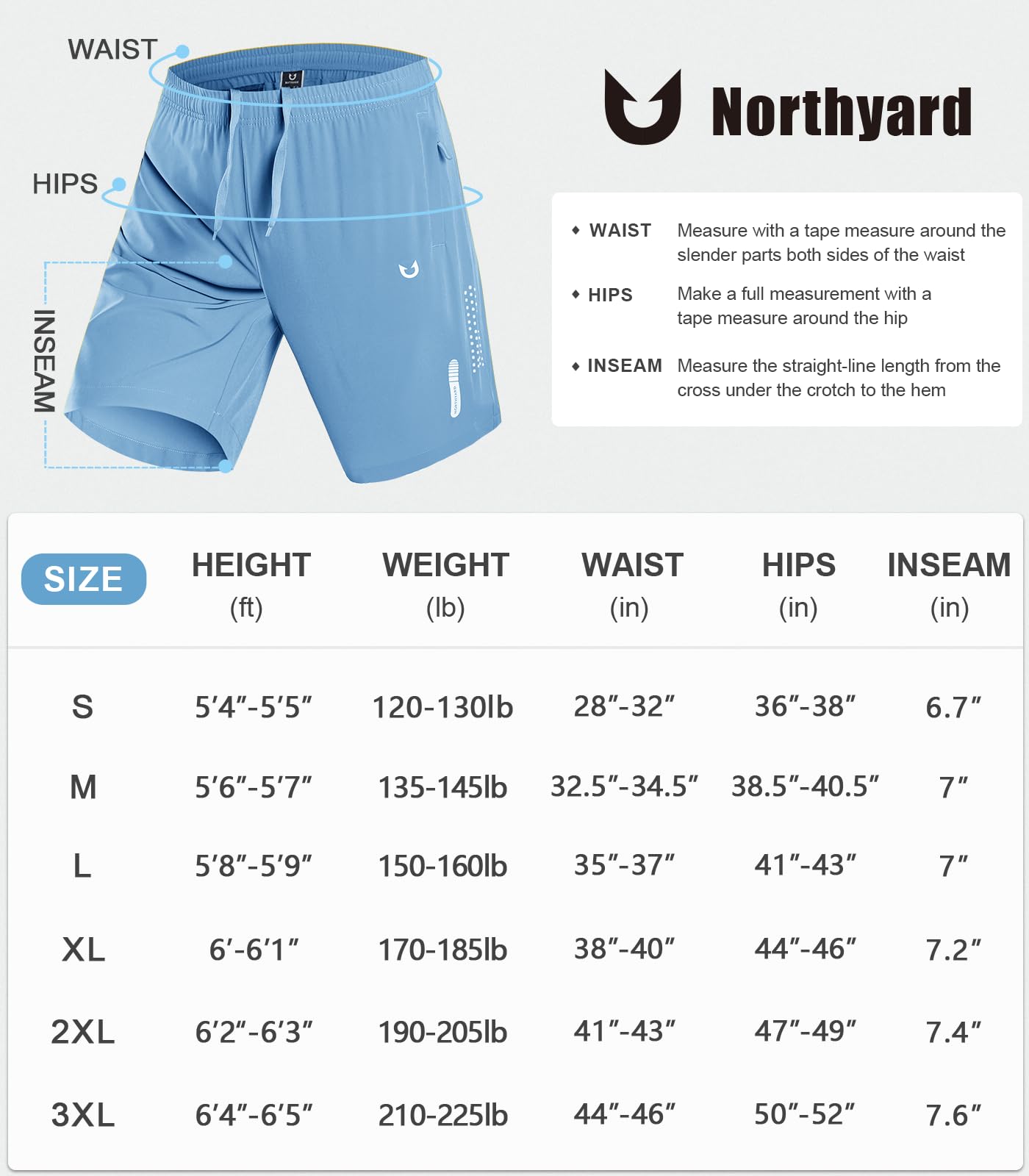 NORTHYARD Men's Athletic Running Shorts Quick Dry Workout Shorts 7"/ 5"/ 9" Lightweight Sports Gym Basketball Shorts Hiking Exercise SkyBlue 3XL