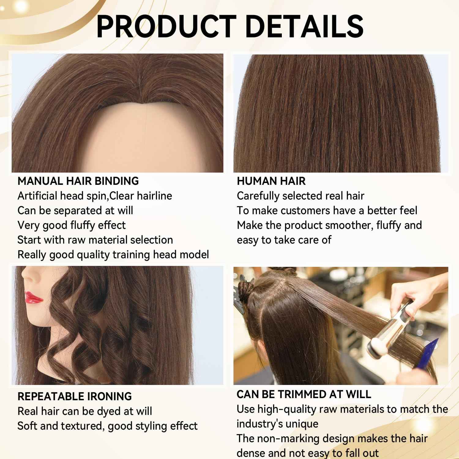 Mannequin Head with 100% Human Hair for Hairstyling Practice, Realistic Makeup Head with Clamp for Beauty Salon Cosmetology Students, Display Styling Head (Brown)