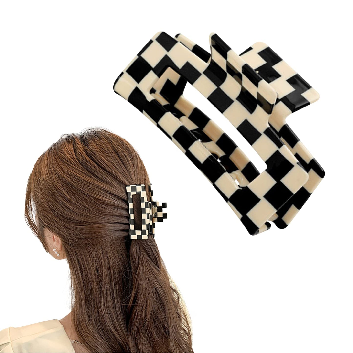 AEGYPIUS Checker Claws Tortoise Barrettes Claw Clips for Women's Hair - Acetate Material, Classic Lattice Pattern, No-Slip Grip, Square Hair Claw Clips, Wide Occasion, Large Hair Accessories for Girls