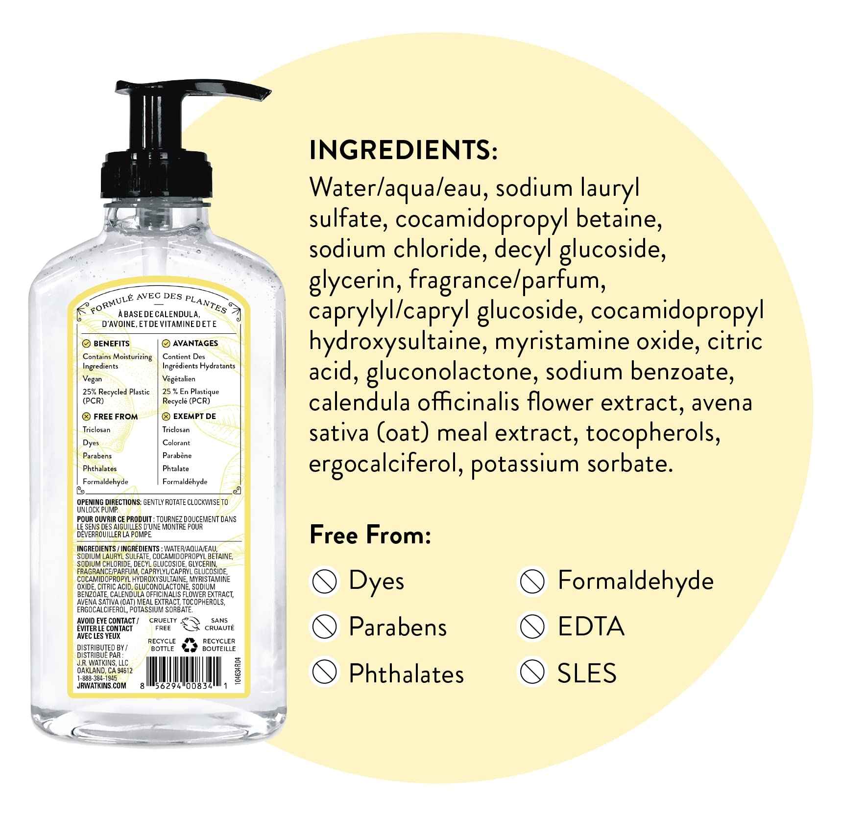 J.R. Watkins Gel Hand Soap, Scented Liquid Hand Wash for Bathroom or Kitchen, USA Made and Cruelty Free, 11 fl oz, Lemon, 6 Pack