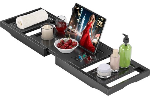 Bathtub Tray Caddy,Premium Bamboo Expandable Bath Tub Trays Table, Foldable Bathroom Accessories,Great House Warming, Anniversary and Birthday Gifts,Black
