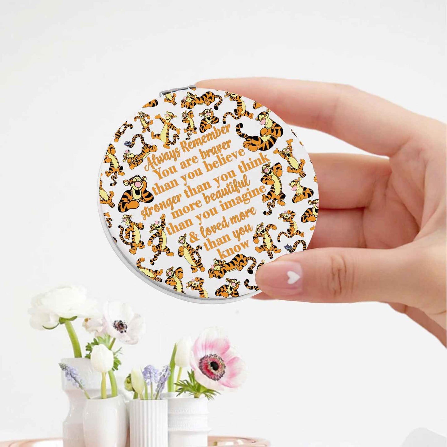 KEYCHIN Tiger Pocket Mirror Cartoon Movie Fans Gifts You are Braver Stronger Smarter Than You Think Compact Makeup Mirror (Tiger-White)
