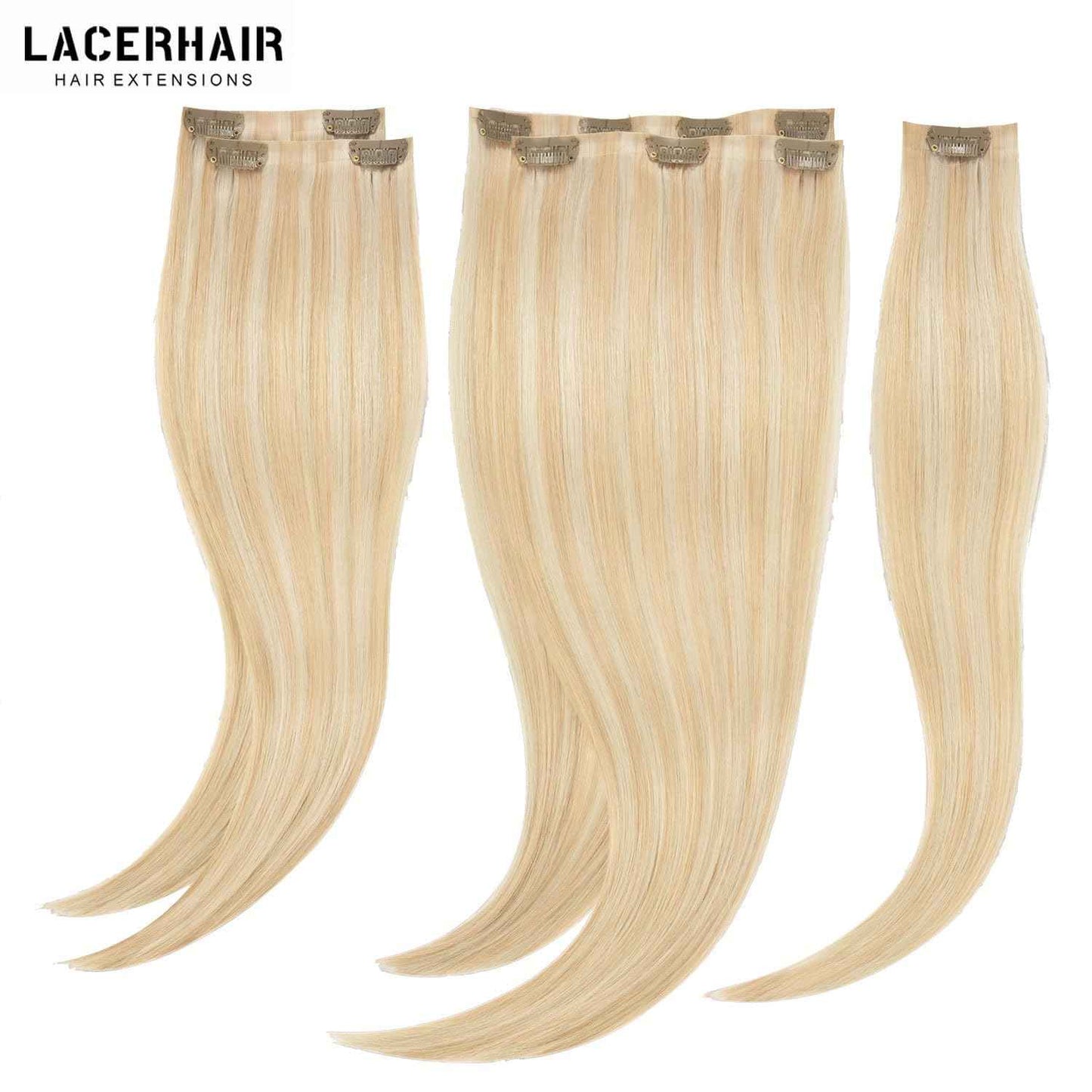 Lacer Hair 14 Inch 110g Seamless Hair Extensions Clip in Human Hair Dark Ash Blonde Mixed Platinum Blonde Invisible PU Skin Weft Straight Human Hair Highlight Color For Women