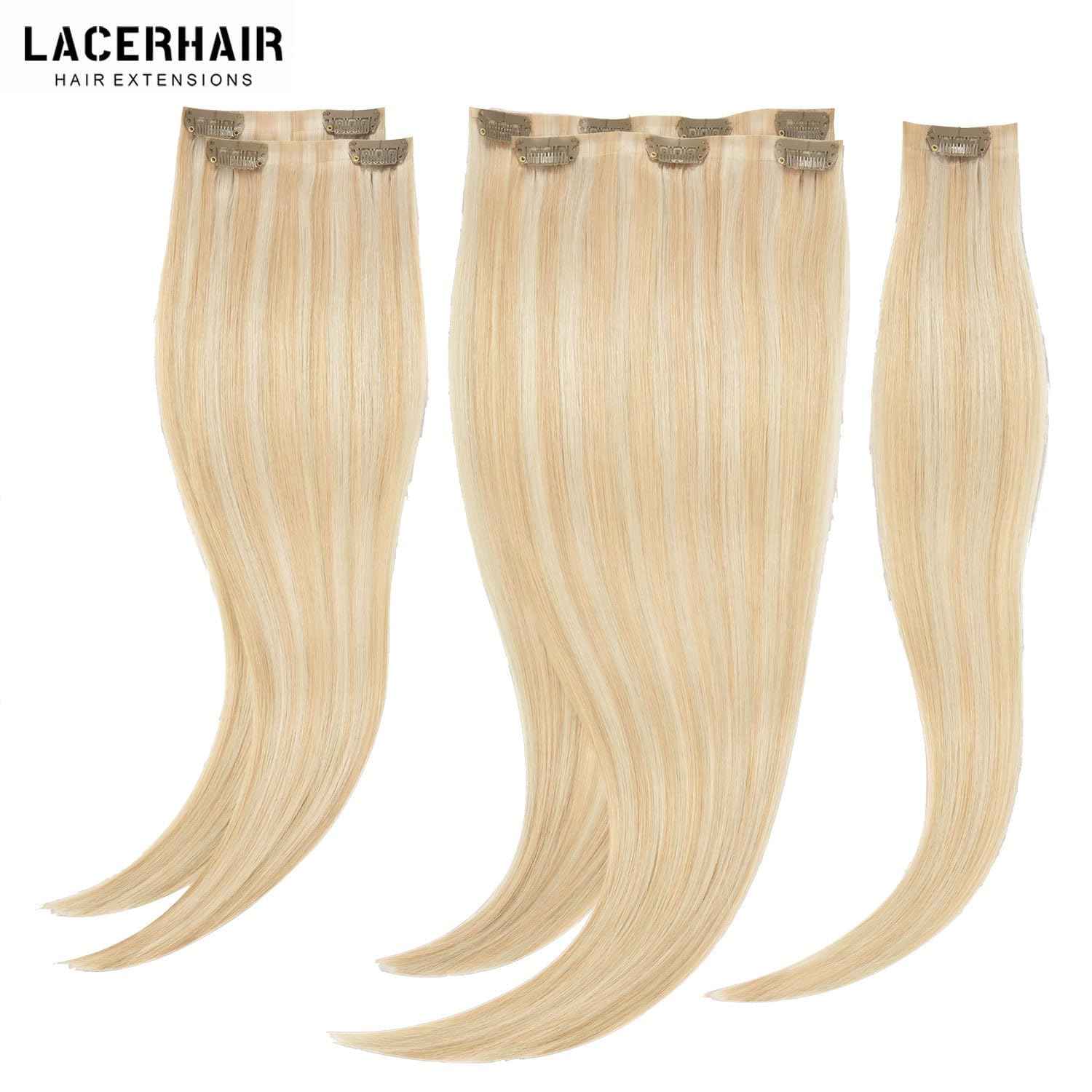 Lacer Hair 14 Inch 110g Seamless Hair Extensions Clip in Human Hair Dark Ash Blonde Mixed Platinum Blonde Invisible PU Skin Weft Straight Human Hair Highlight Color For Women