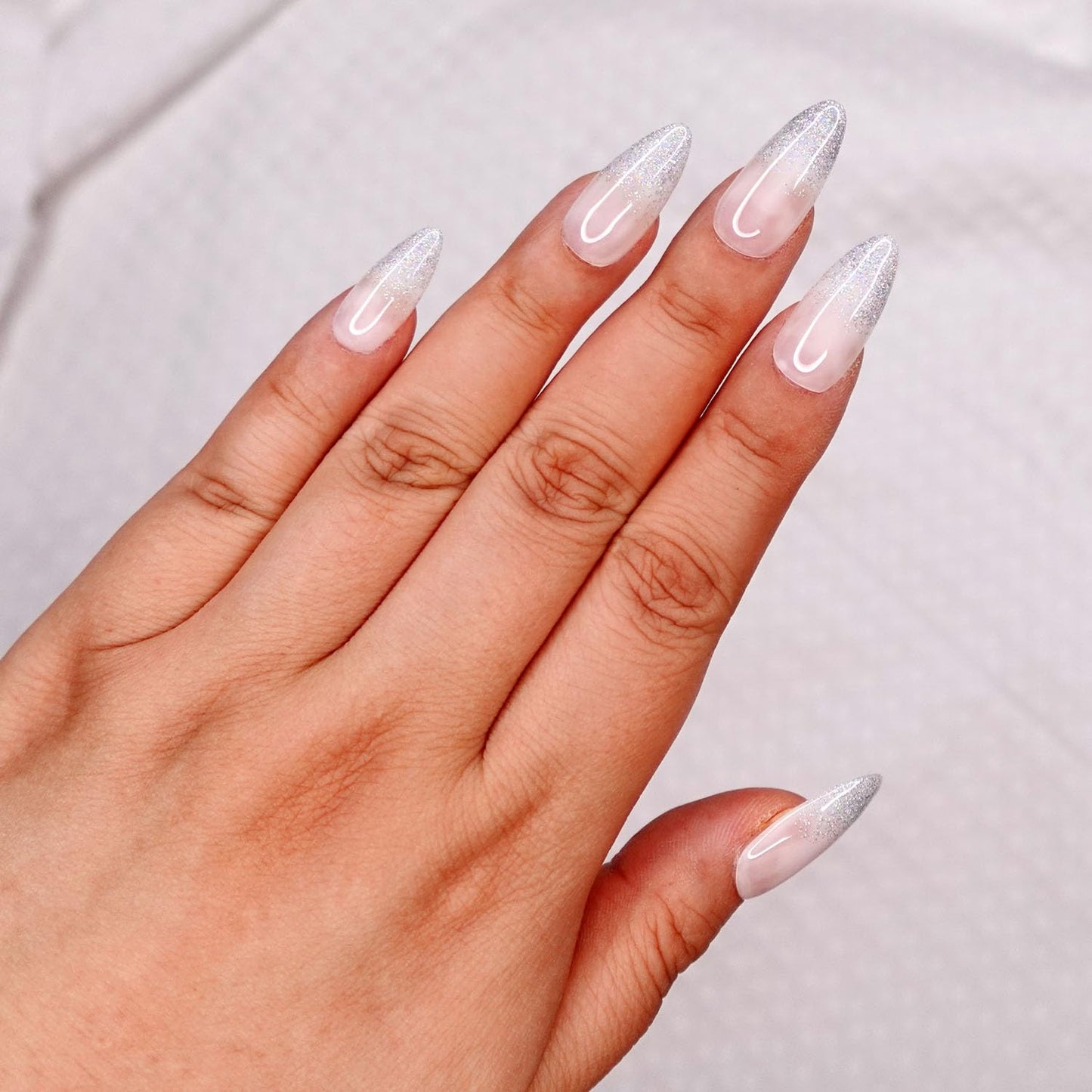 10 Pcs Handmade Press on Nails (Small, Holo Egg White - Jelly White with Holographic French Ombre Baby Boomer Tips/Almond) A110S