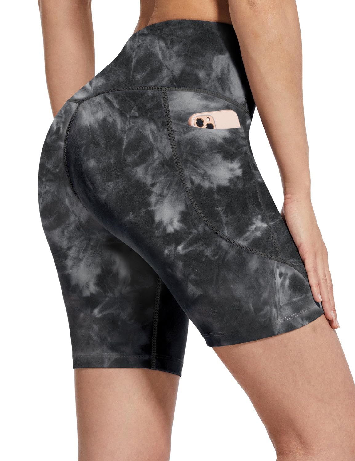 BALEAF Biker Shorts Women Yoga Gym Workout Spandex Running Volleyball Tummy Control Compression Shorts with Pockets Soft 7" Tie Dye Black XS