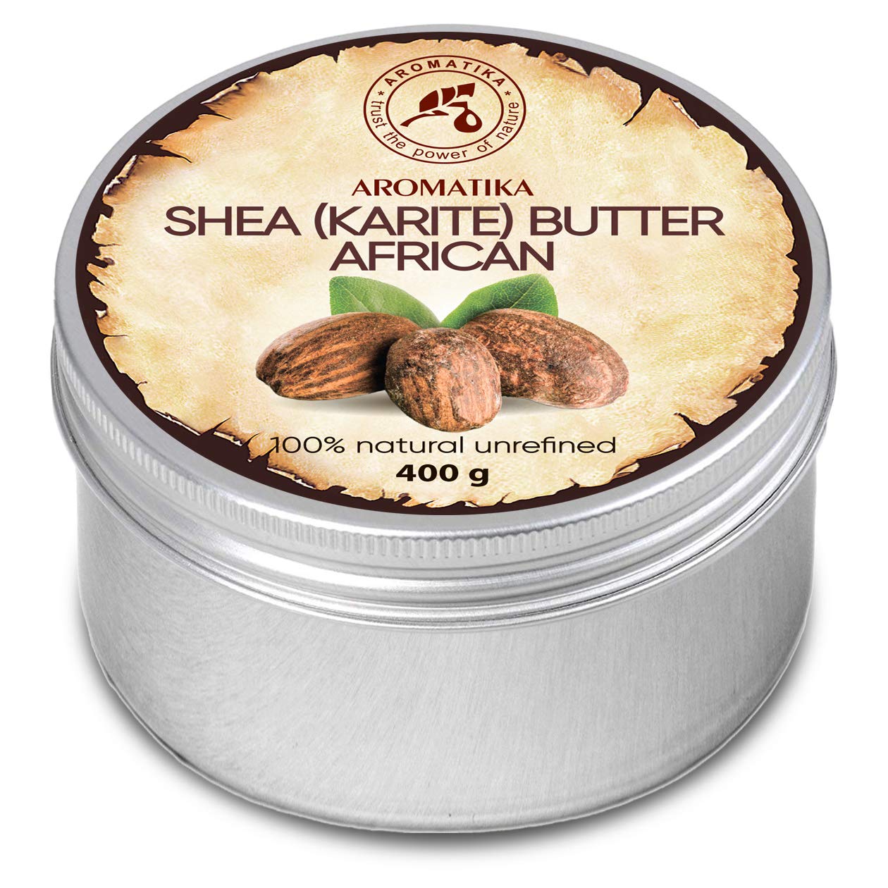 AROMATIKA Shea Butter Cold Pressed 14.1 Oz - Unrefined African Shea Butter - Ghana - 100% Pure & Natural - Best for Hair - Skin - Lip - Face - Body Care - Karite Shea Butter - Aluminium jar