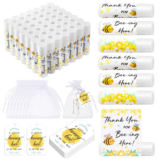Swiffen 50 Sets Bee Lip Balm Bulk Baby Shower Favor with Organza Gift Bags and Thank Card Tags Bee Themed Gifts for Baby Shower Baptism Birthday Party Supplies