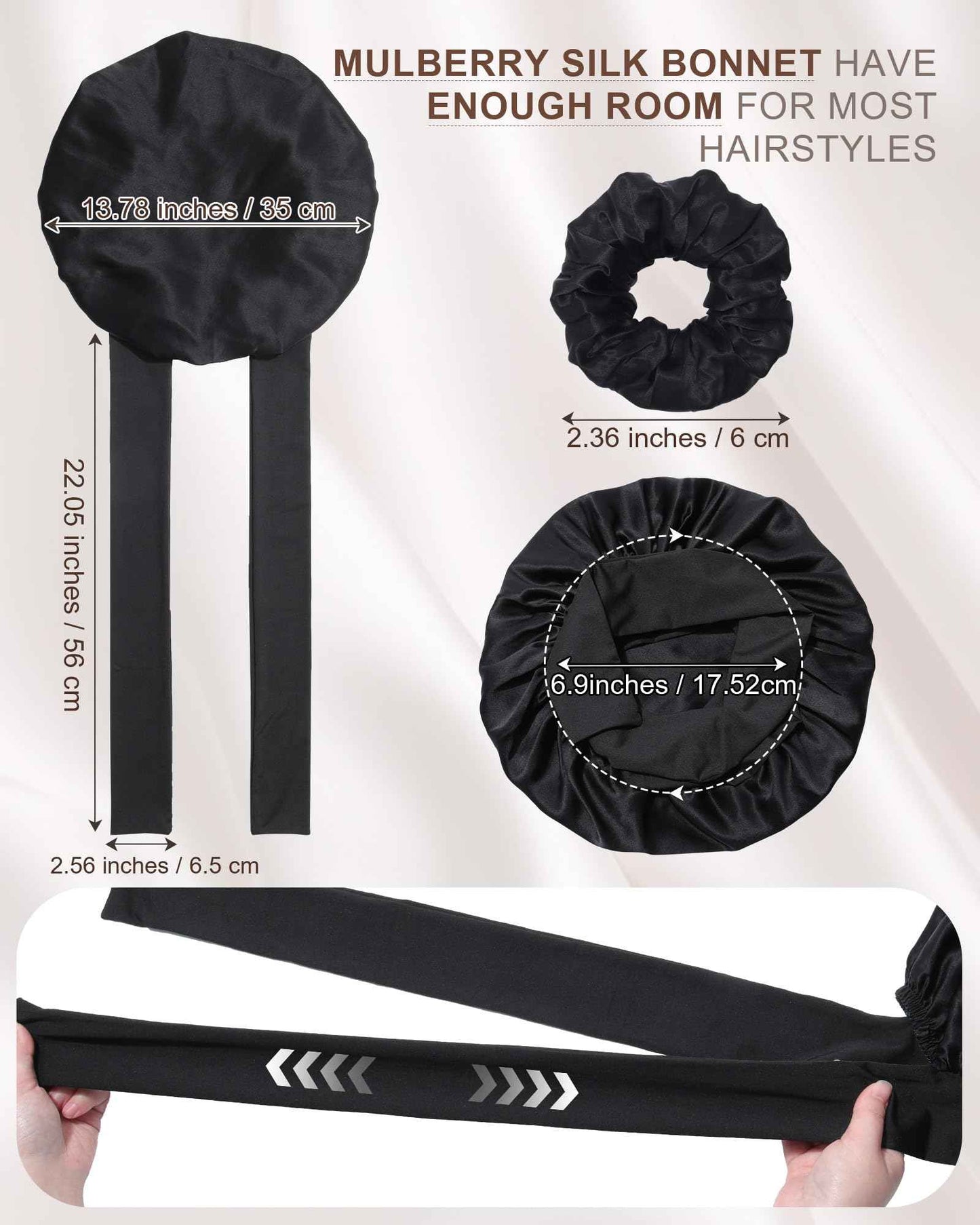 Mulberry Silk Bonnet Sleeping Women Curly Hair Bonnets Tie Band Double Layer Reversible Sleep Bonnet Silk Hair Wrap Sleep Cap Black