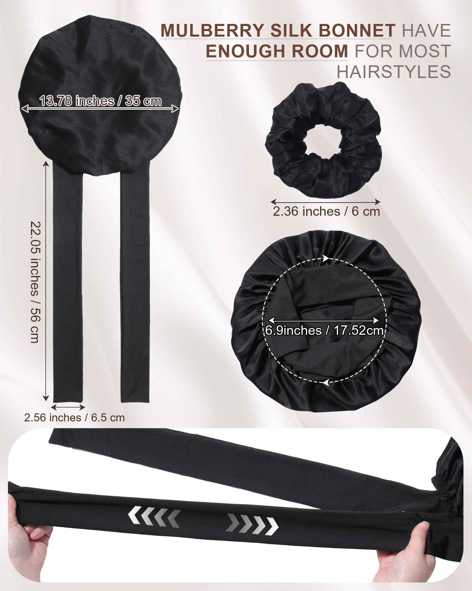Mulberry Silk Bonnet Sleeping Women Curly Hair Bonnets Tie Band Double Layer Reversible Sleep Bonnet Silk Hair Wrap Sleep Cap Black