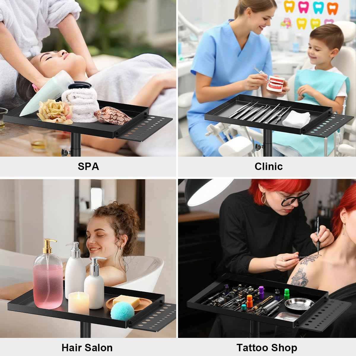 Salon Tray Cart Premium Metal Tattoo Tray, Storage Utility Cart with Tool Rack, Rolling Tray Trolley Adjustable Height, Tool Tray Cart for SPA Clinic Repair Shop
