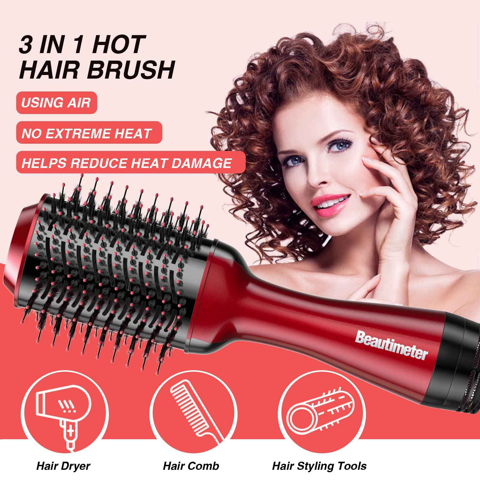 Beautimeter Blow Dryer Brush, Hot Air Brush One Step Hair Dryer and Styler Volumizer, 4 in 1 Negative Ionic Hair Styler with Oval Barrel for Smooth, Frizz-Free Hair Types, Red & Black
