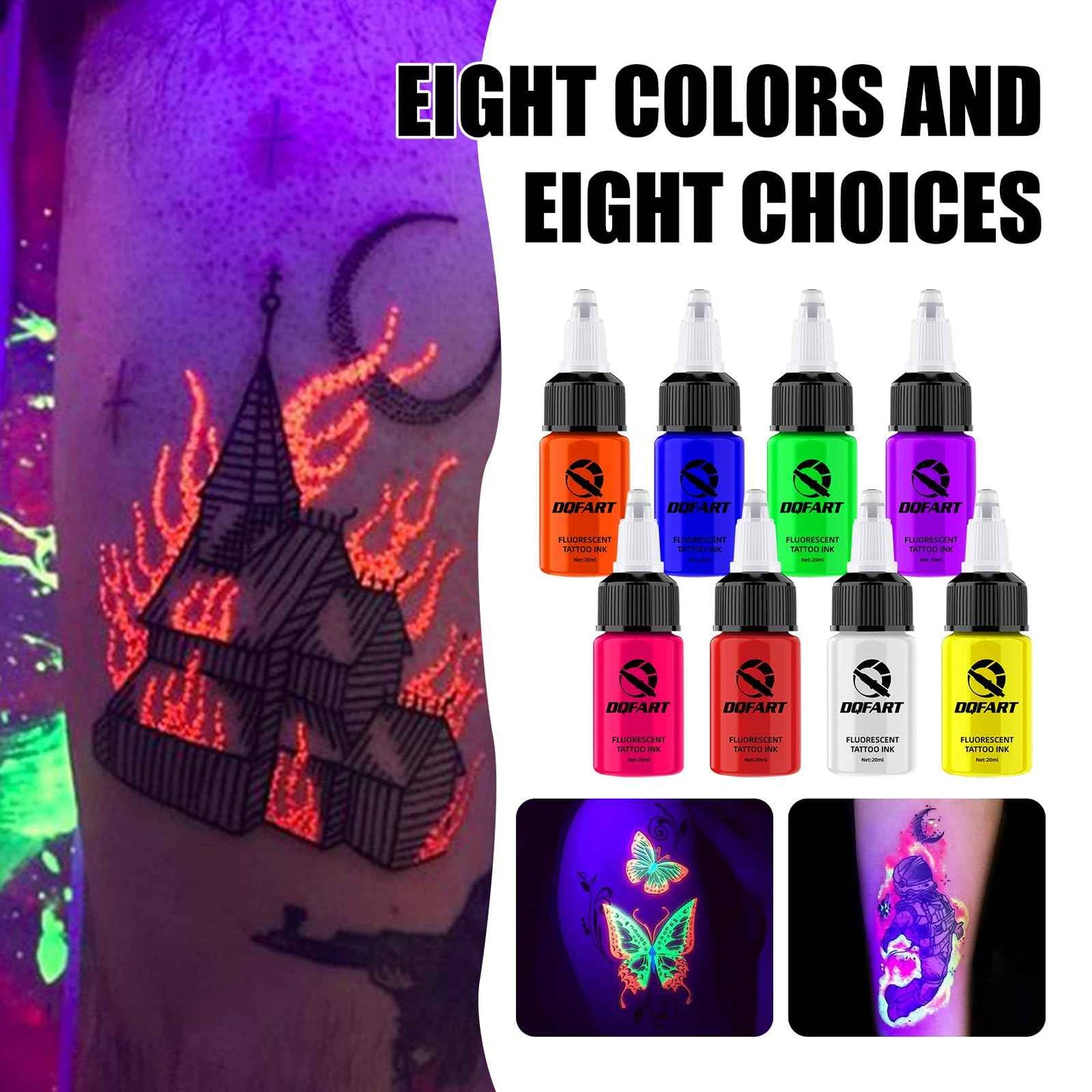 DQFART Tattoo Fluorescent Ink 0.65 oz (20ML) 8 Color UV Tattoo Ink TI-002
