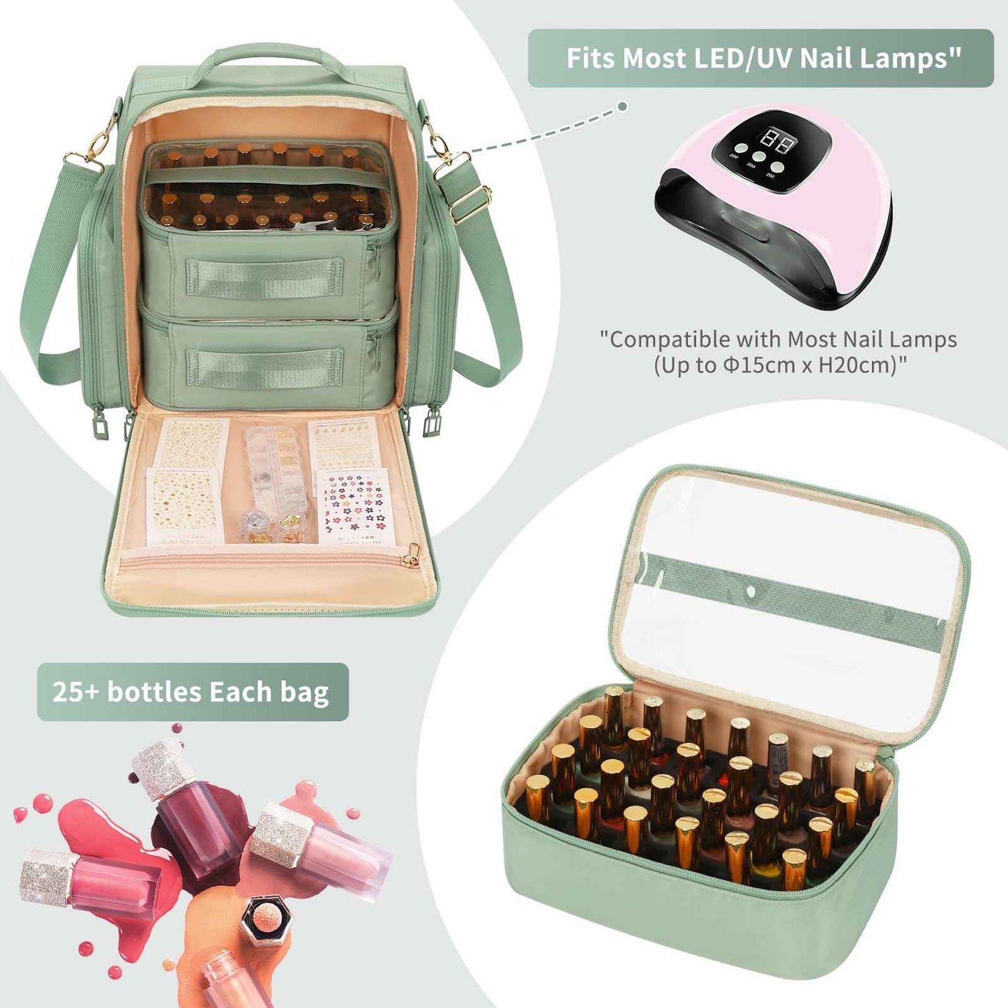 OCHEAL Nail Polish Organizer, Holds Nail Lamp and 75+ Bottles, Nail Organizers and Storage Holder Case with 3 Individual Bags Fit Manicure Tools Manicurist Travel Carrying kit -Green