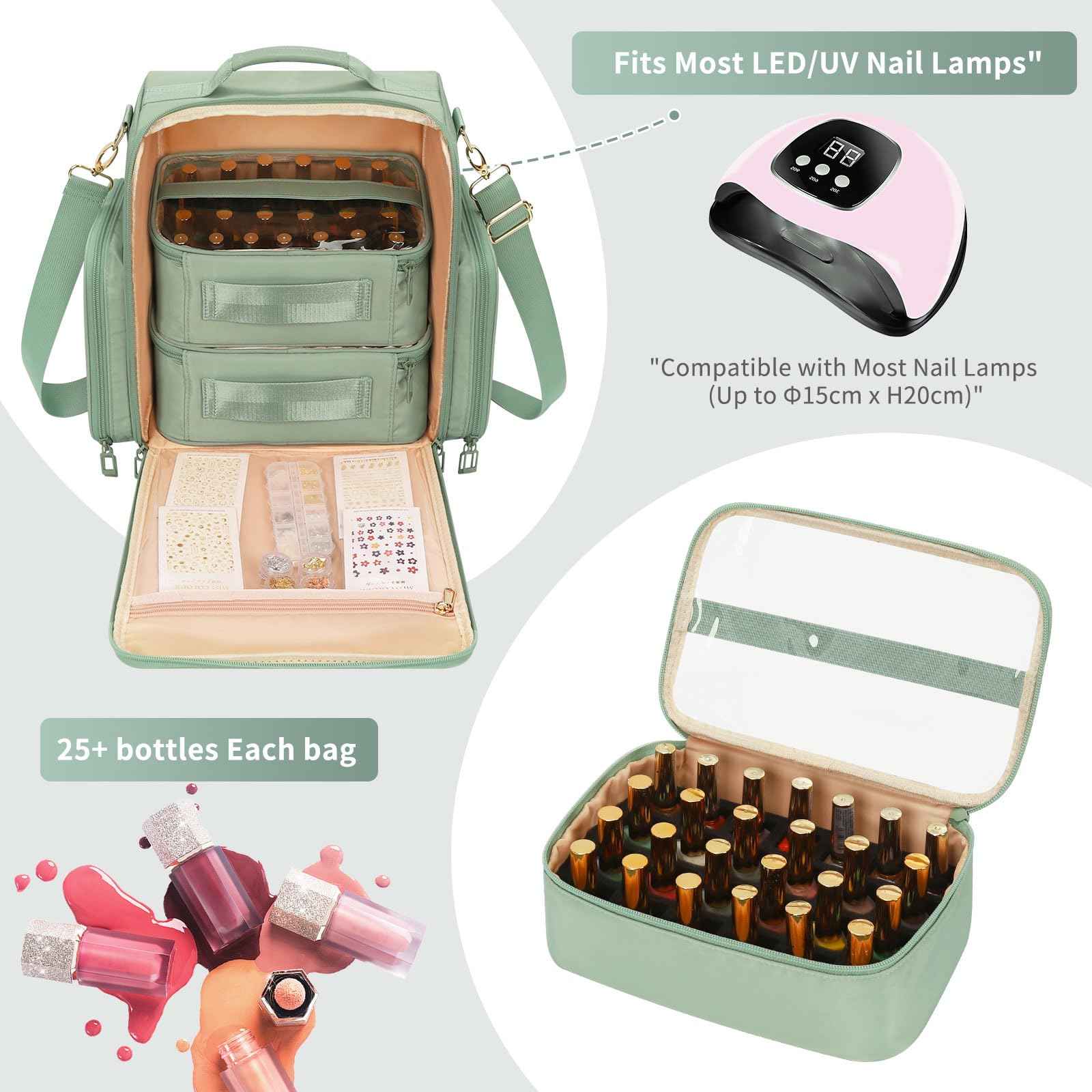 OCHEAL Nail Polish Organizer, Holds Nail Lamp and 75+ Bottles, Nail Organizers and Storage Holder Case with 3 Individual Bags Fit Manicure Tools Manicurist Travel Carrying kit -Green