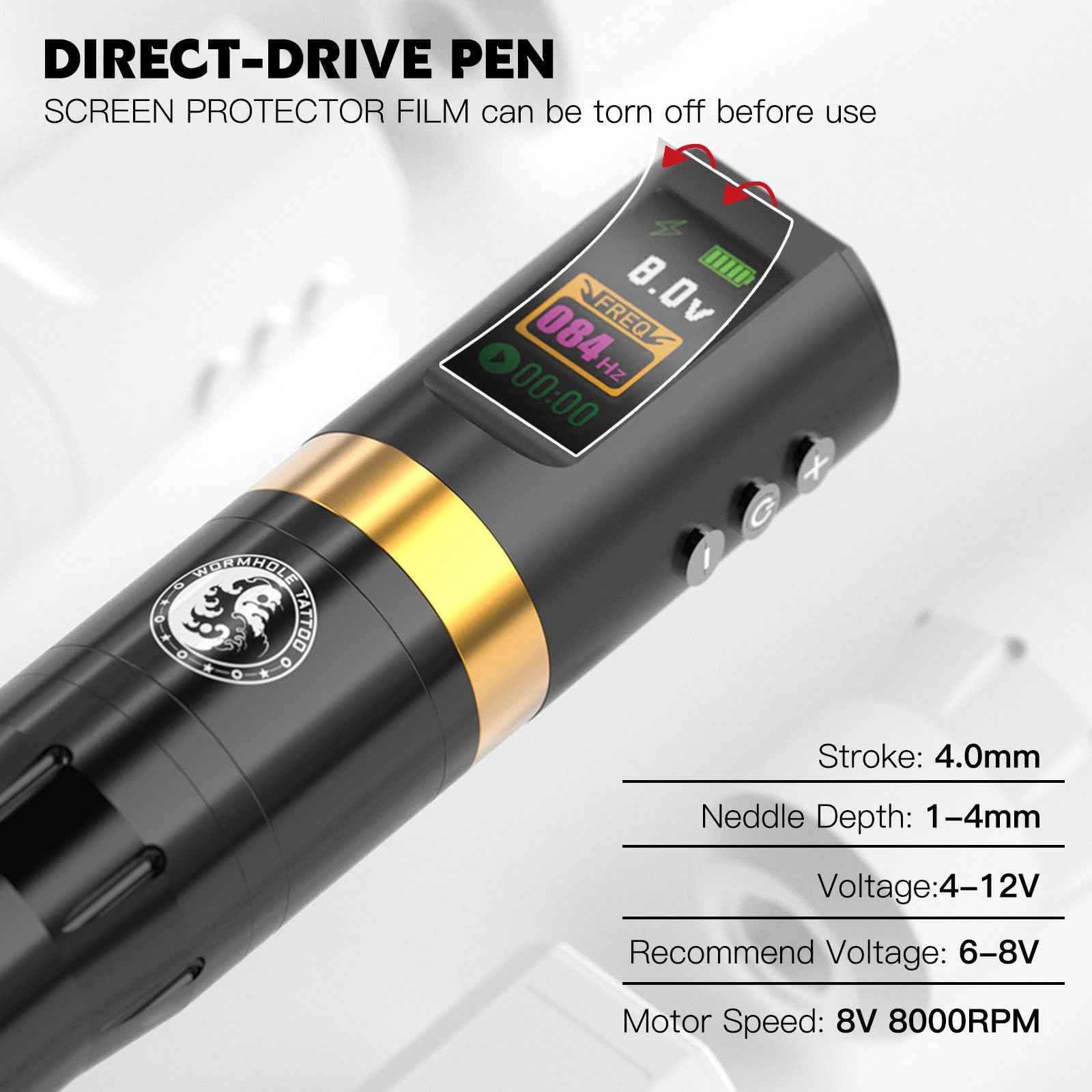 Wormhole Tattoo 58Pcs Complete Tattoo Gun Kit - Aluminum Alloy LED Smart Tattoo Pen Wireless Tattoo Machine with 1800mAh Battery for Tattoo Beginners - Black WTK313