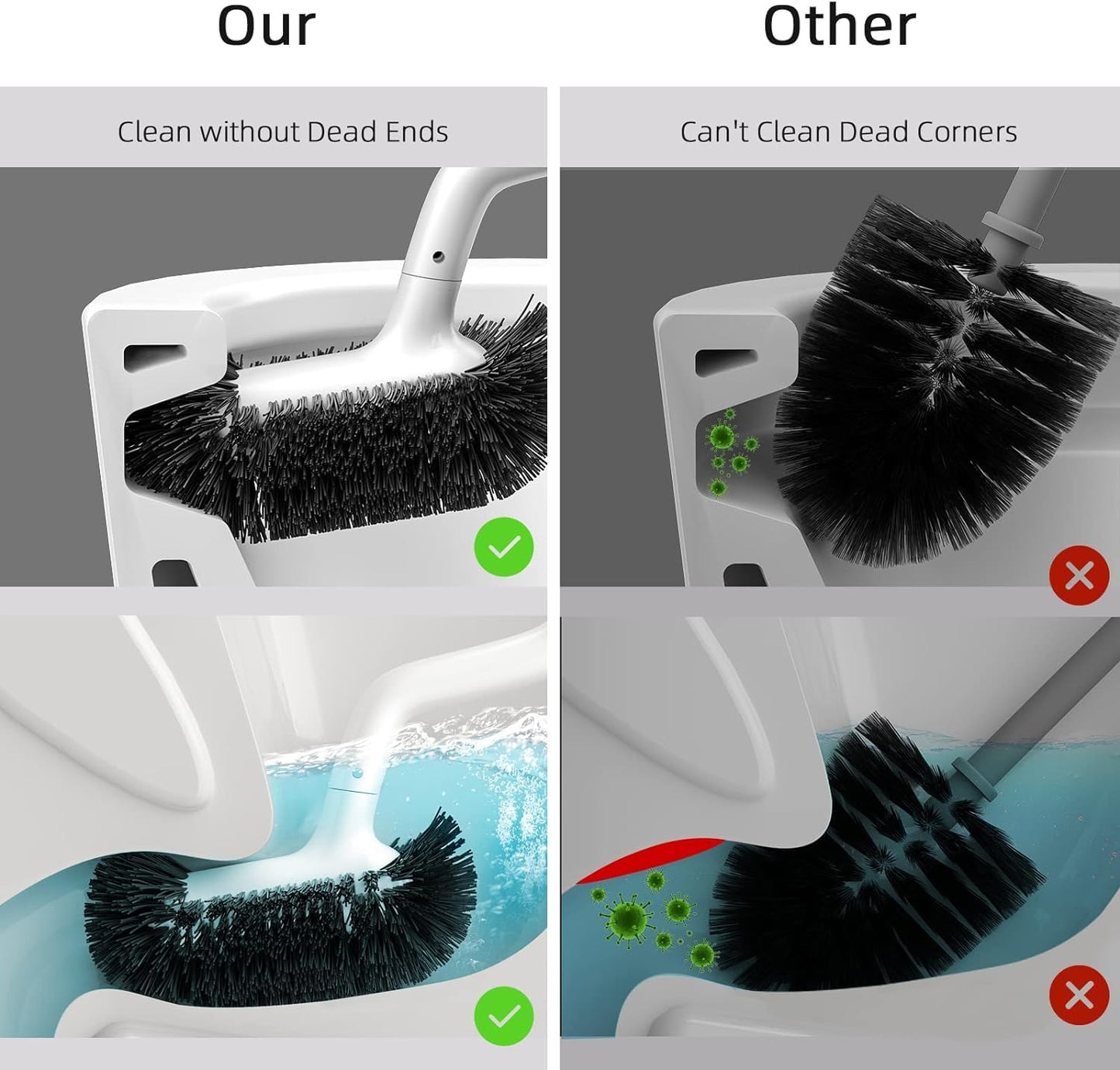 HAMITOR Toilet Bowl Brush Holder Set: 2 Pack Bathroom Deep Cleaning Toilet Cleaner Scrubber Under Rim with Curved Bristle for Dead Corner Clean - Hidden Rv Toilet Decorative Accessories with Caddy