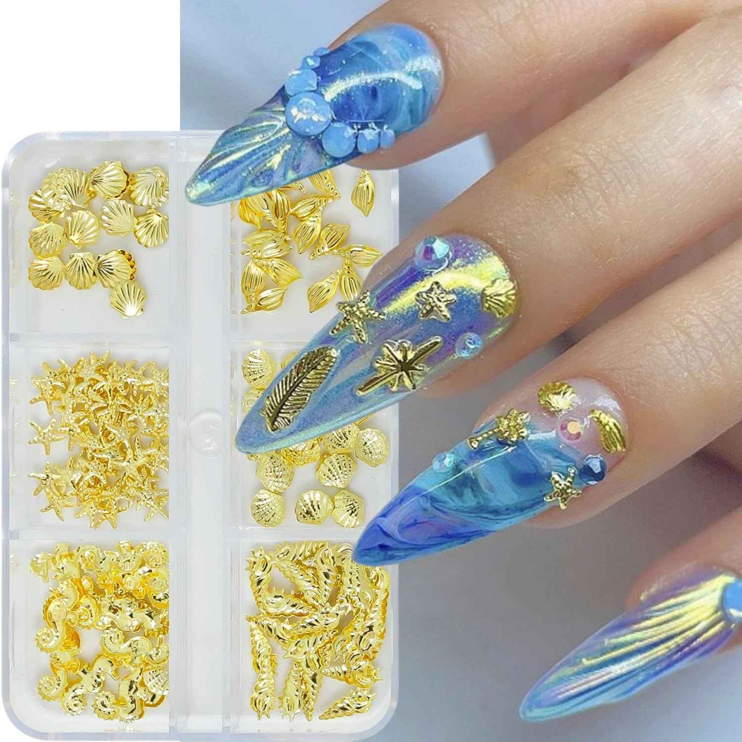 Summer Nail Charms and Gems Cute Shells Conchs Seahorse Starfish Nail Art Charms Gold Flat Back Gold Nail Rhinestones Summer Ocean Beach Nail Decoration Marine Life Rhinestones for Nails DIY Designs