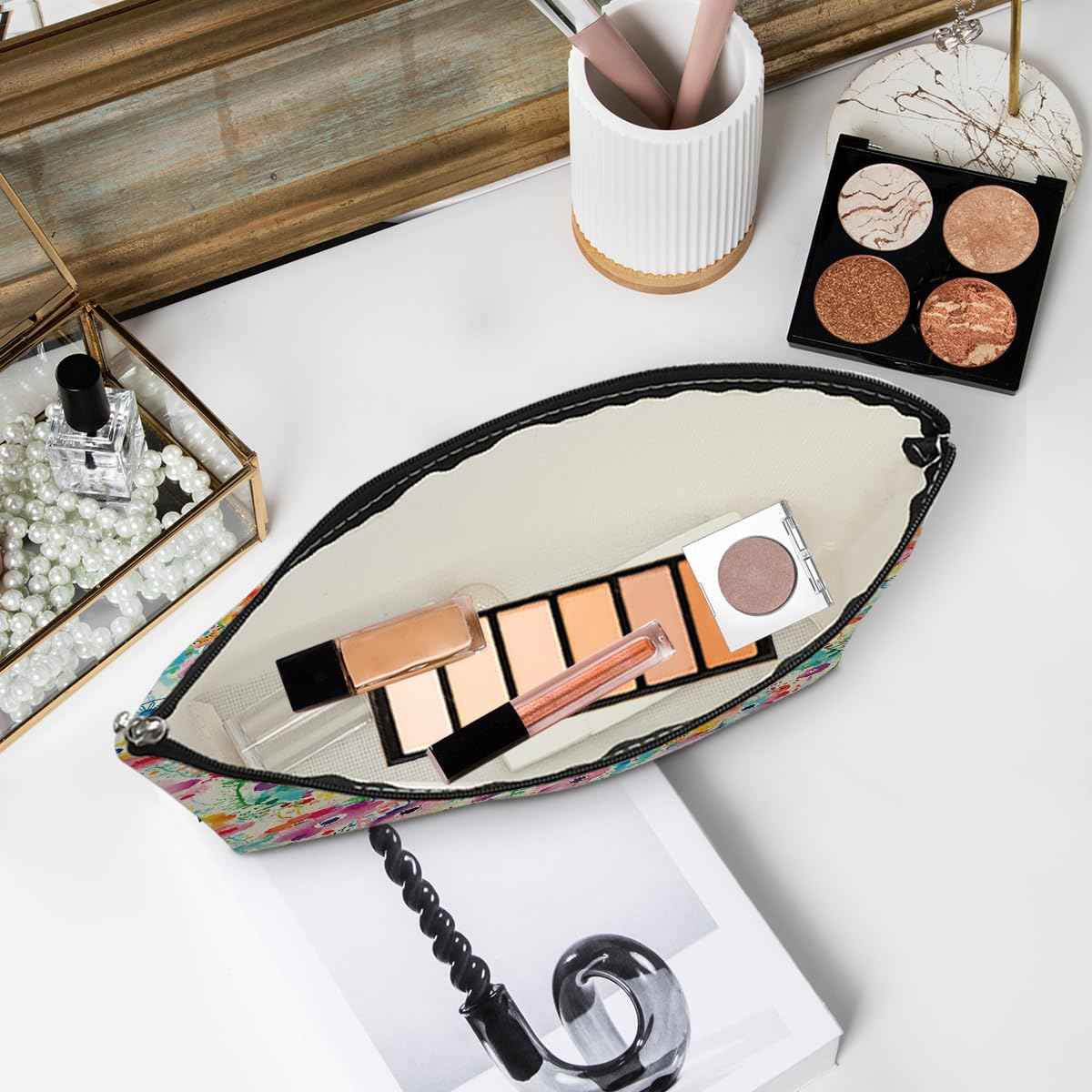 Chenyoumaoyi Cosmetic Bags for Women, Makeup Bag, Cute Flower Travel Toiletry Bag, Foral Makeup Bags Set, Nurse Mothers Day Birthday Graduation Friendship Gifts for Women Girls Mom Bestie Grandma