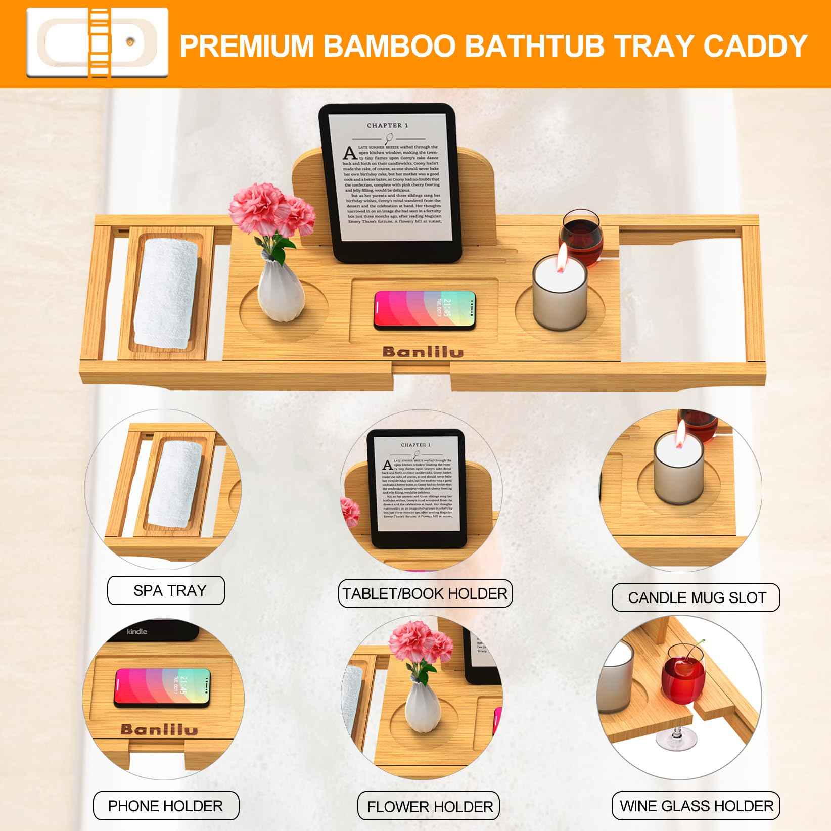 Premium Bamboo Bathtub Tray Caddy - Bath Tub Tray Table for Bathtub - Bath Caddy Tray for Bathtub, Expandable Size, Fits Most Bath Tubs