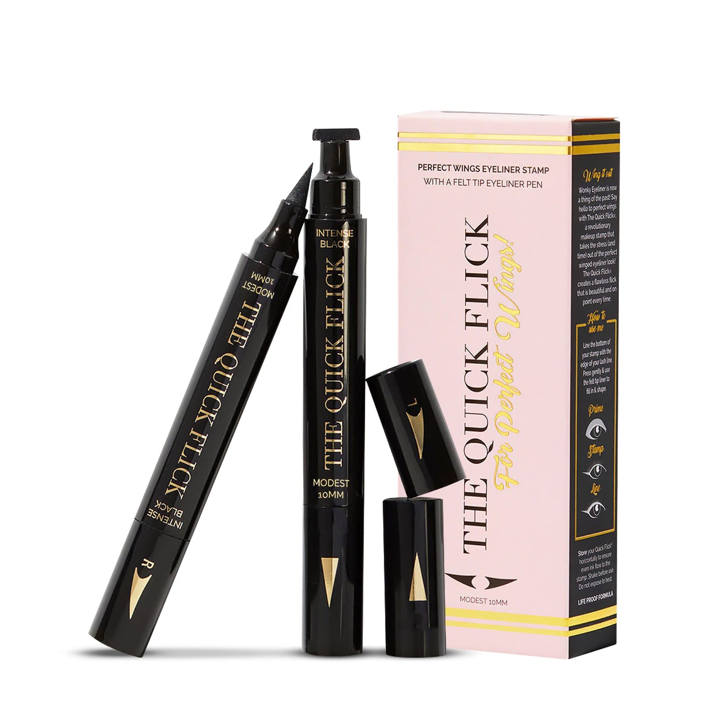 The Quick Flick - Wings Eyeliner Stamp, Felt-Tip Liquid Eyeliner, Water-and-Smudge-Proof Cat Eyeliner, Intense Black Liquid Eyeliner Pen, To The Point 10mm (2mm Thickest) Winged Eyeliner Stamp, 2 Pens